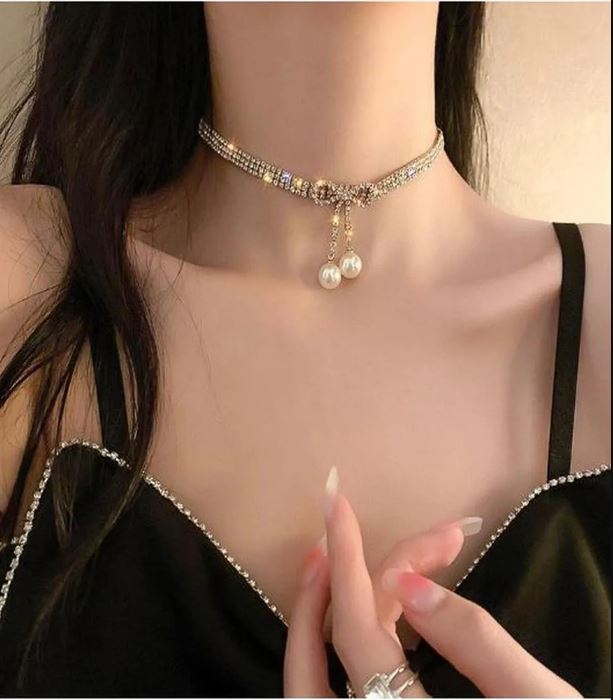 Su Yolu İncili Taşlı Fiyonk Kolye Choker Parti Davet Kolye Gold