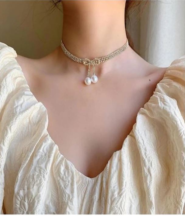 Su Yolu İncili Taşlı Fiyonk Kolye Choker Parti Davet Kolye Gold