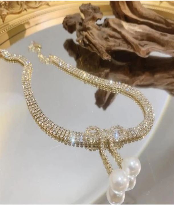 Su Yolu İncili Taşlı Fiyonk Kolye Choker Parti Davet Kolye Gold