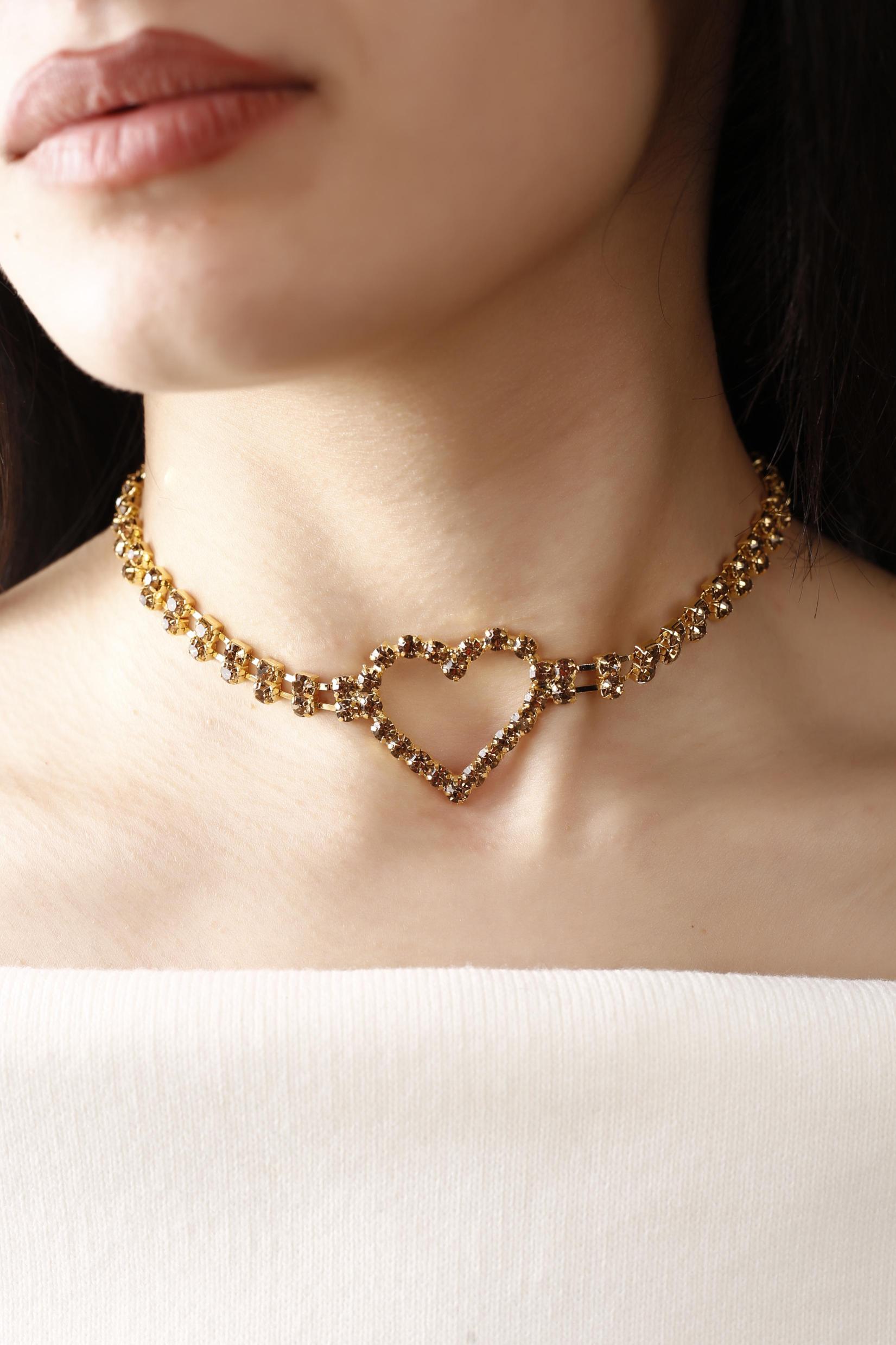 Altın Renk Kristal Taşlı Kalp Choker Kolye Parti Kolye Gelin Kolye Nişan Kolye Gerdanlık