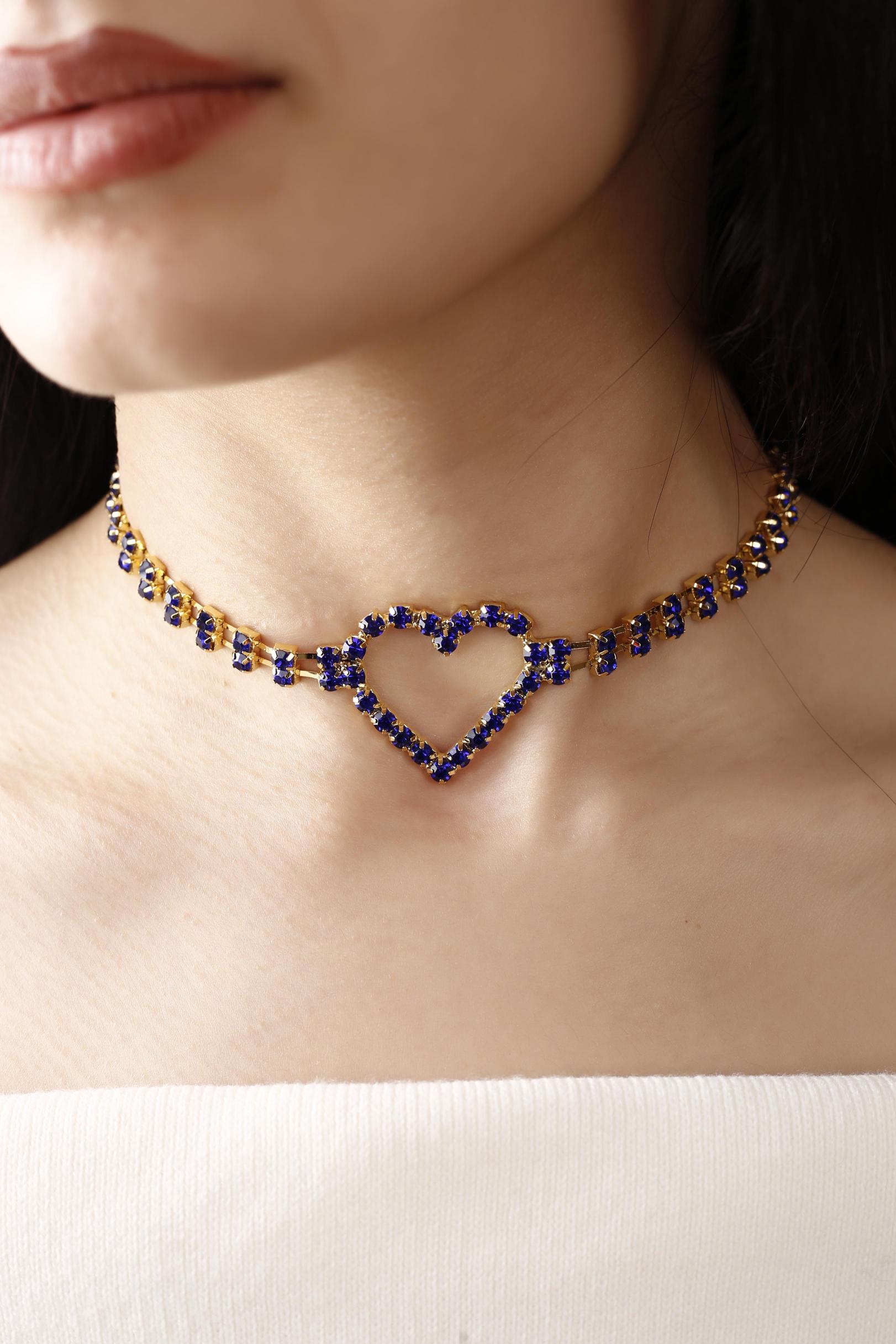 Mavi Kristal Taşlı Kalp Choker Kolye Parti Kolye Gerdanlık
