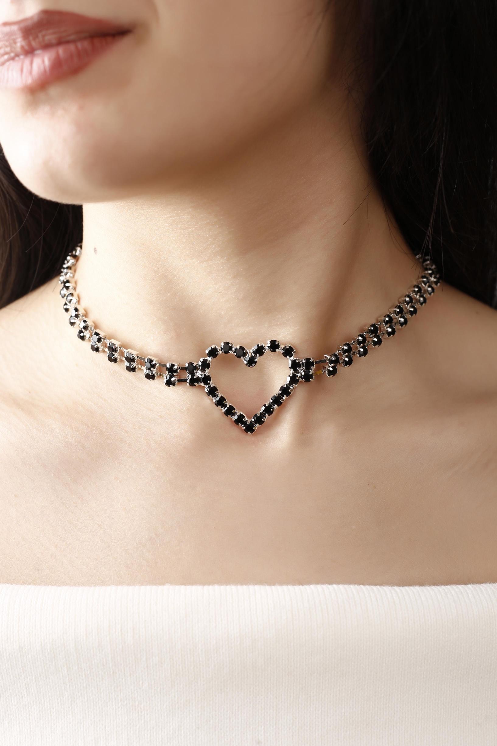 Siyah Kristal Taşlı Kalp Choker Kolye Parti Kolye Gerdanlık