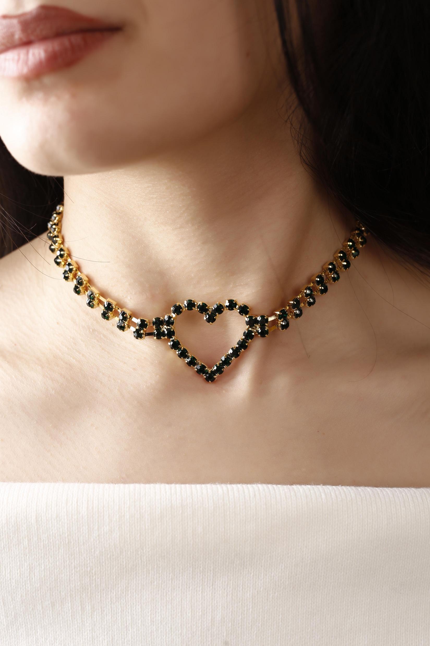 Yeşil Kristal Taşlı Kalp Choker Kolye Parti Kolye Gerdanlık