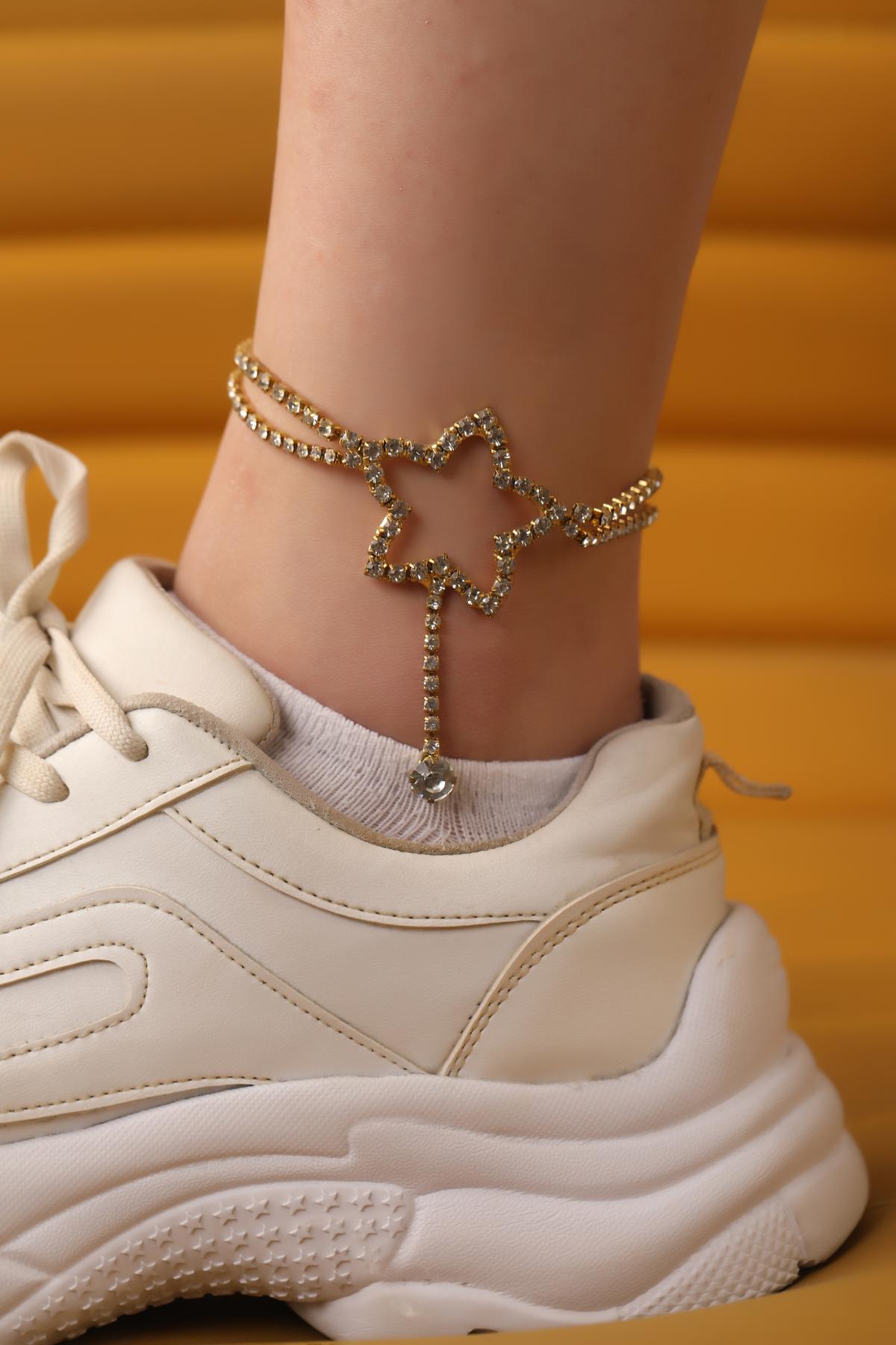 Su Yolu Kristal Taşlı Yıldız Halhal Trend Taşlı Halhal Gold