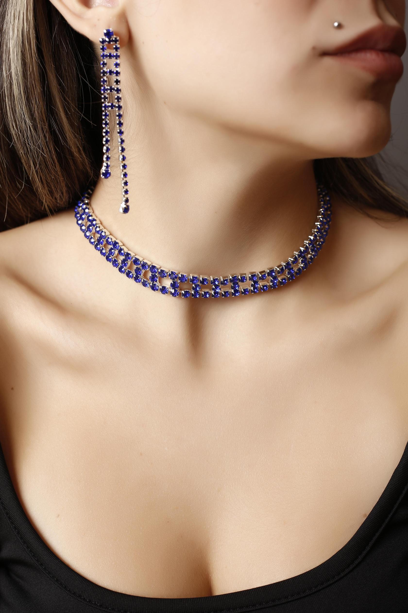 Stylish Tasarım Mavi Taşlı Kristal Choker Kolye, Küpe ve Bileklik Set Pırlanta Gibi 3’lü Set Set Günlük, Davet, Düğün, Nişan, Abiye Set