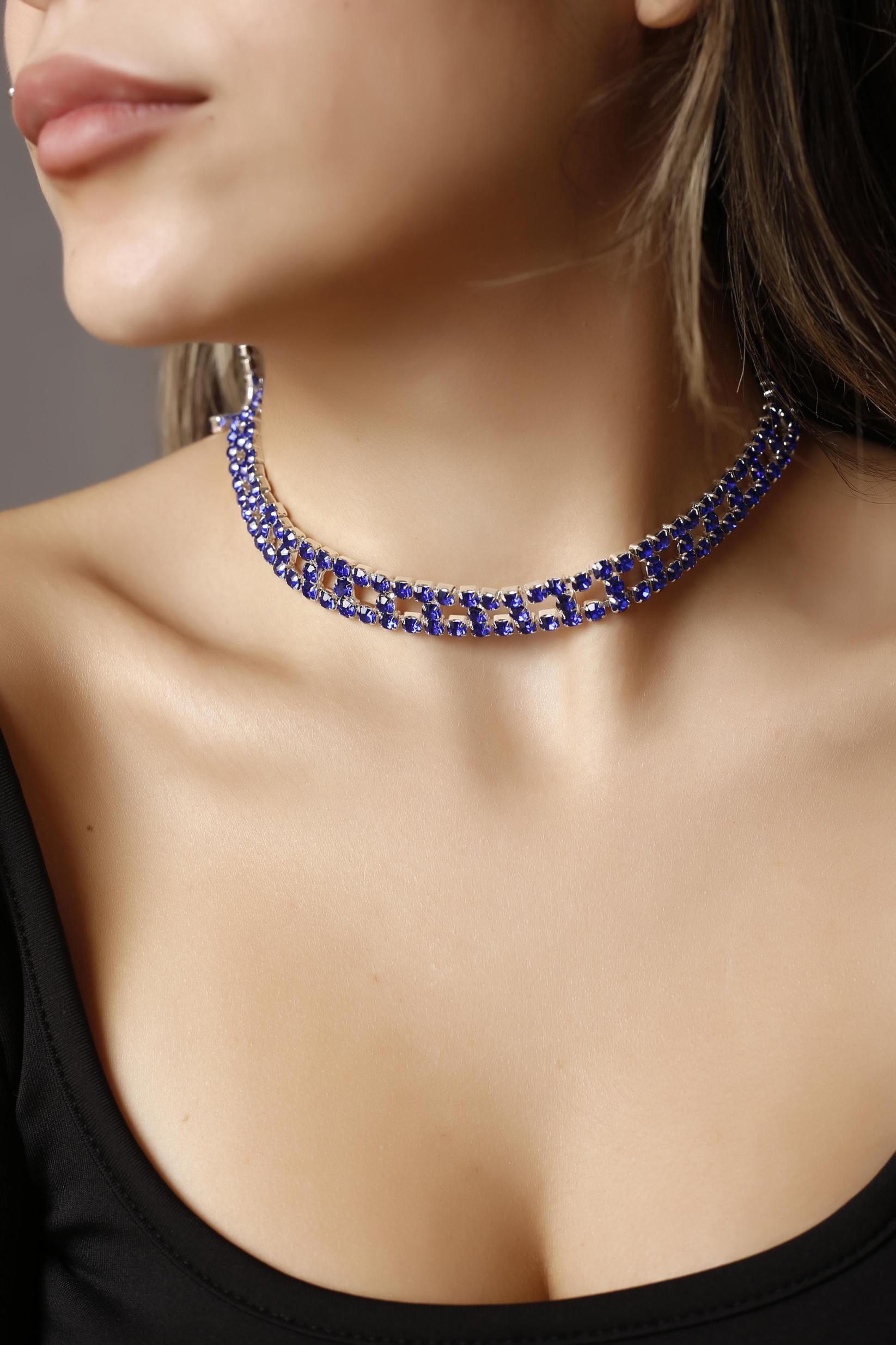Stylish Tasarım Mavi Taşlı Kristal Choker Kolye, Küpe ve Bileklik Set Pırlanta Gibi 3’lü Set Set Günlük, Davet, Düğün, Nişan, Abiye Set