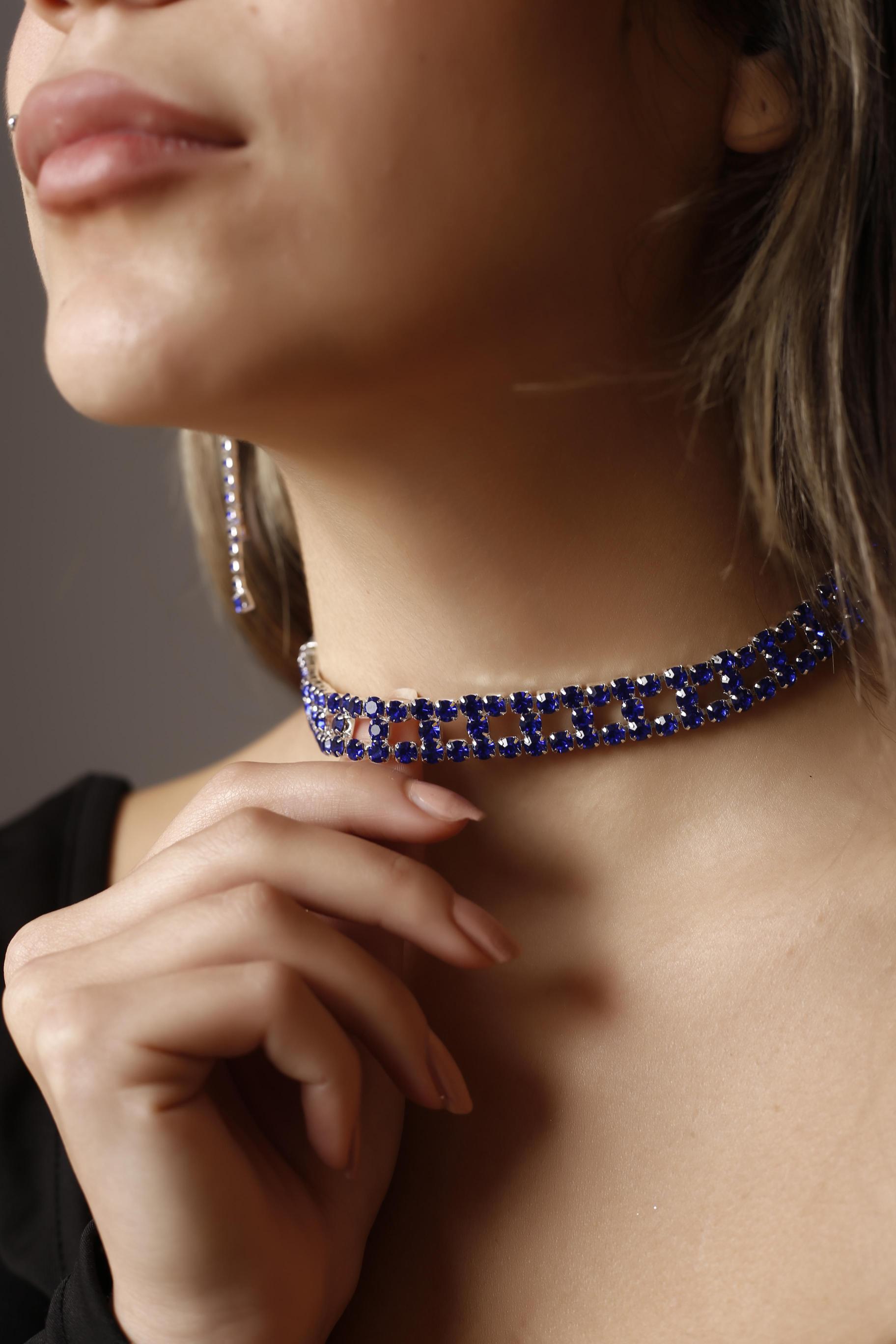 Stylish Tasarım Mavi Taşlı Kristal Choker Kolye, Küpe ve Bileklik Set Pırlanta Gibi 3’lü Set Set Günlük, Davet, Düğün, Nişan, Abiye Set