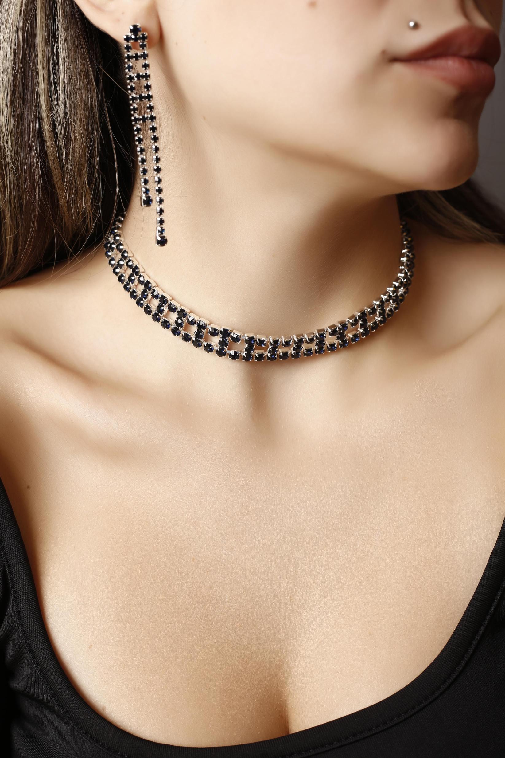 Stylish Tasarım Siyah Taşlı Kristal Choker Kolye, Küpe ve Bileklik Set Pırlanta Gibi 3’lü Set  Set Günlük, Davet, Düğün, Nişan, Abiye Set