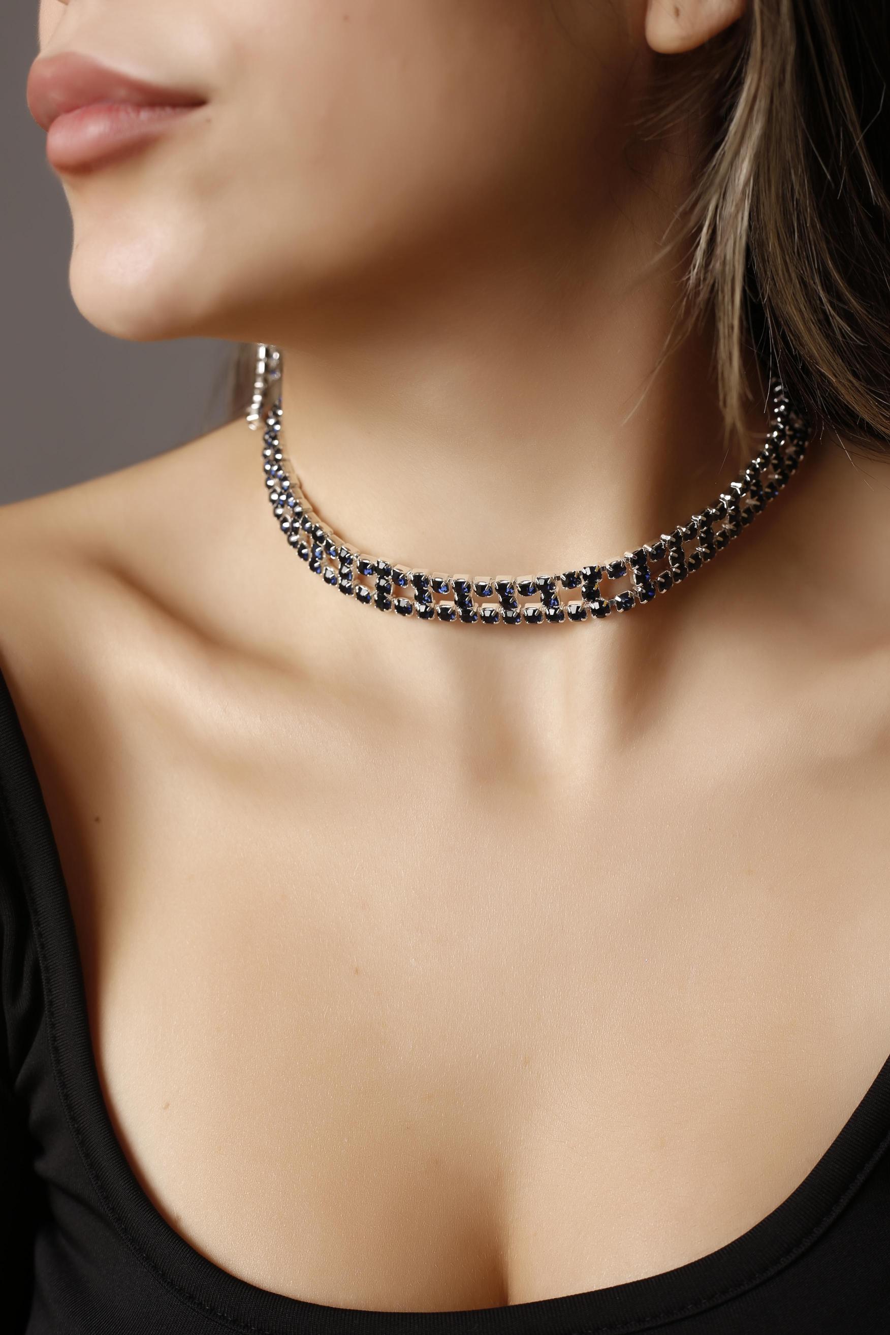 Stylish Tasarım Siyah Taşlı Kristal Choker Kolye, Küpe ve Bileklik Set Pırlanta Gibi 3’lü Set  Set Günlük, Davet, Düğün, Nişan, Abiye Set