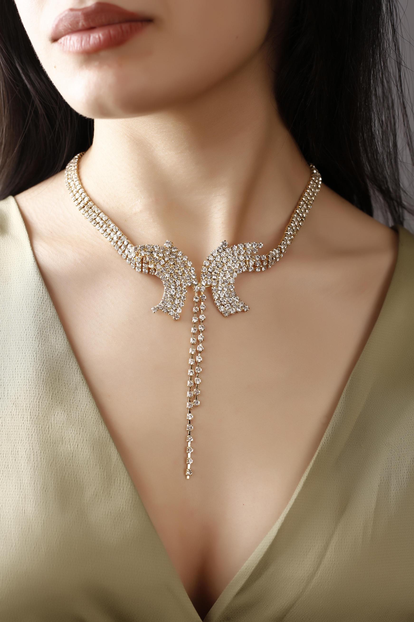 Gold Kristal Taşlı Kelebek Choker Kolye Taşlı Gerdanlık Gümüş Kaplama