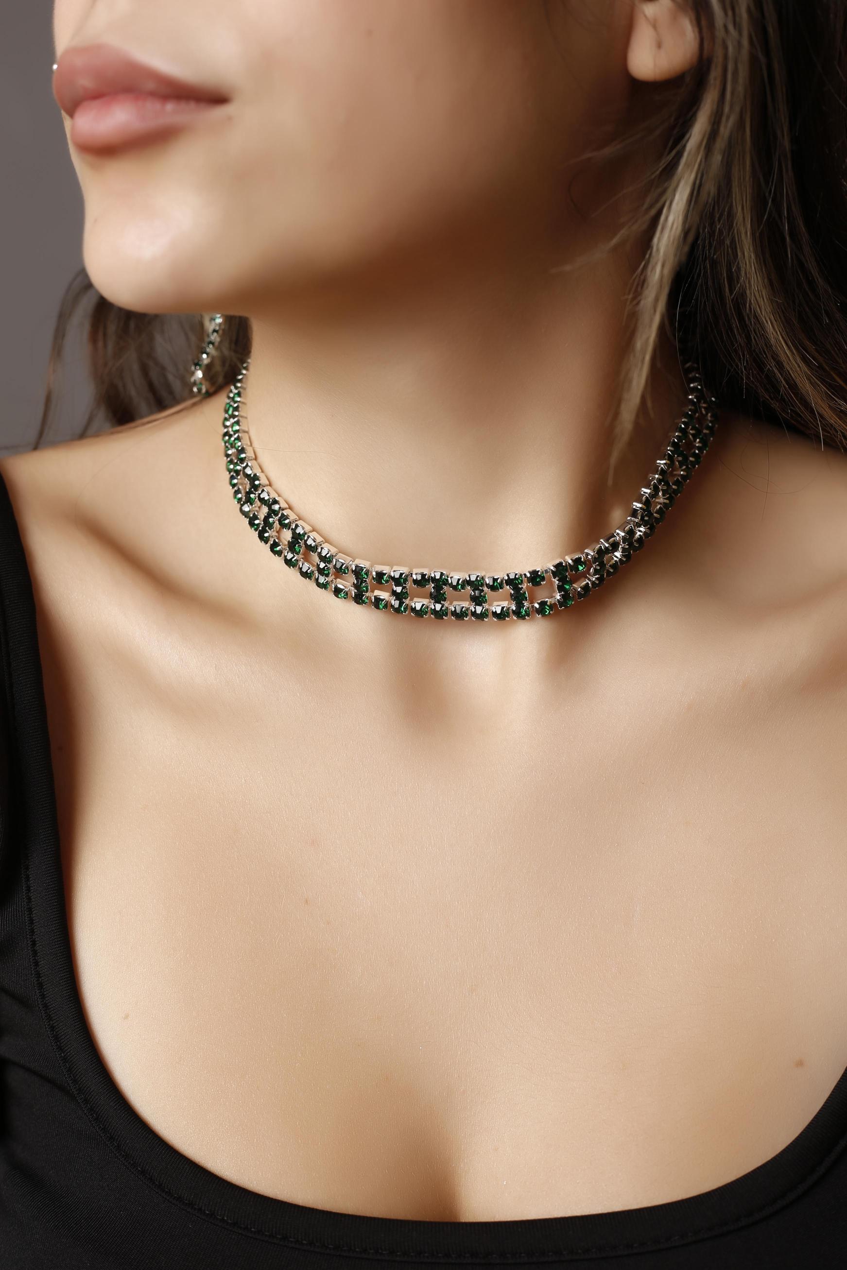 Stylish Tasarım Yeşil Taşlı Kristal Choker Kolye Pırlanta Gibi Kolye, Davet Kolye