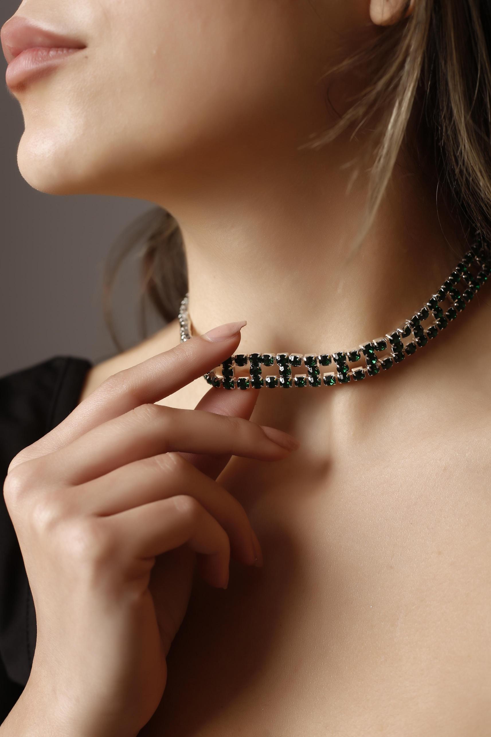 Stylish Tasarım Yeşil Taşlı Kristal Choker Kolye Pırlanta Gibi Kolye, Davet Kolye