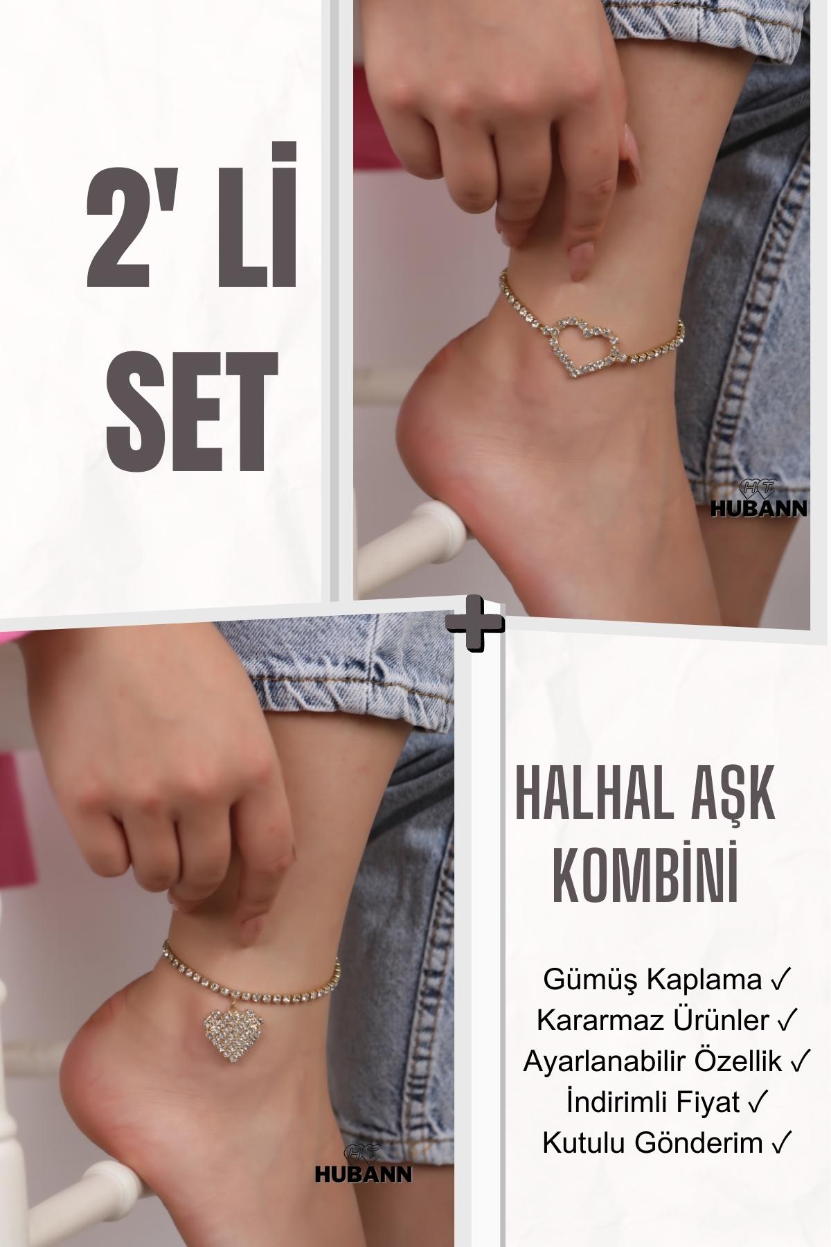 Su Yolu Kristal Taşlı  İkili Aşk Halhal Kalpli Halhal Sevgili Halhalı Gold