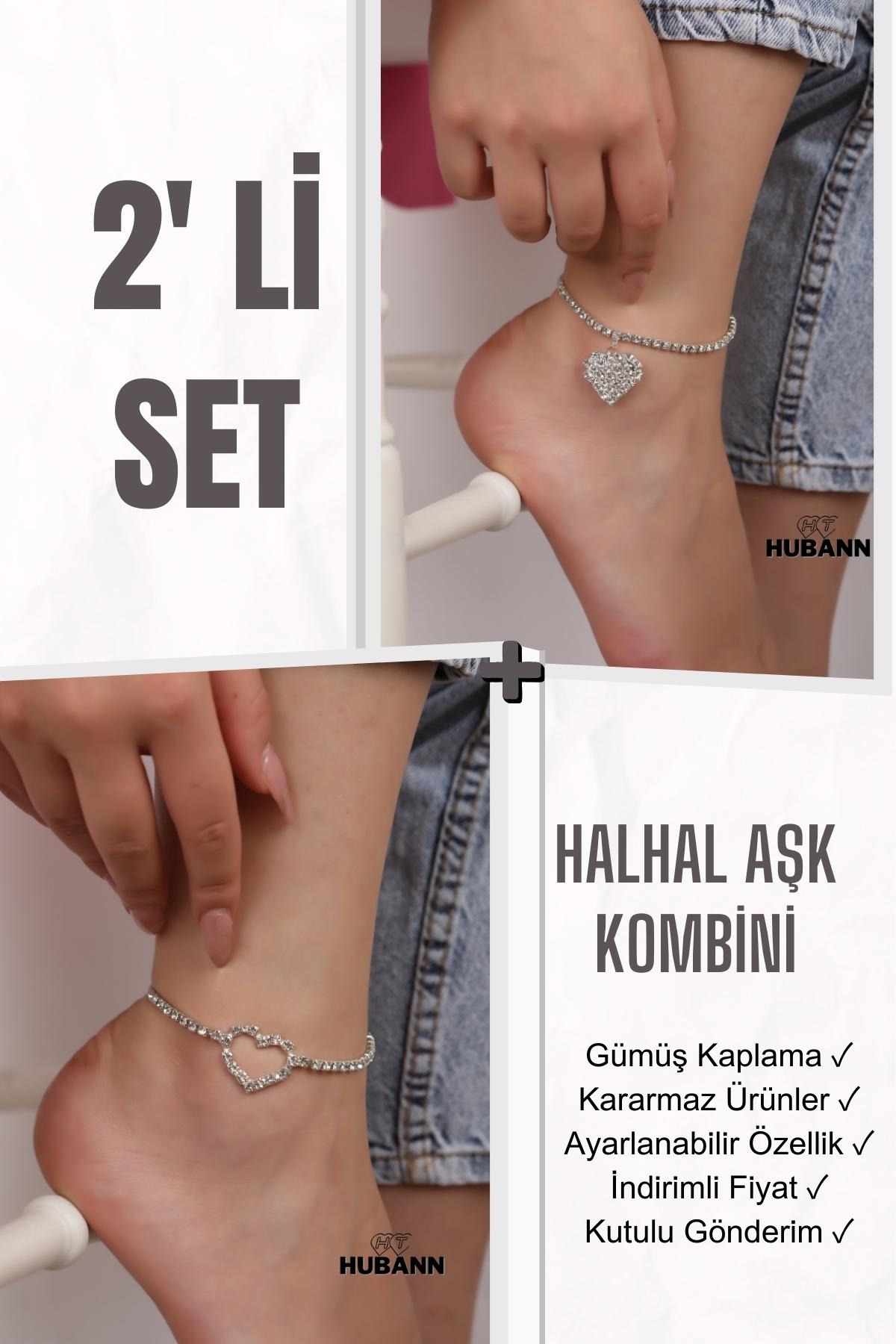 Su Yolu Kristal Taşlı  İkili Aşk Halhal Kalpli Halhal Sevgili Halhalı Silver
