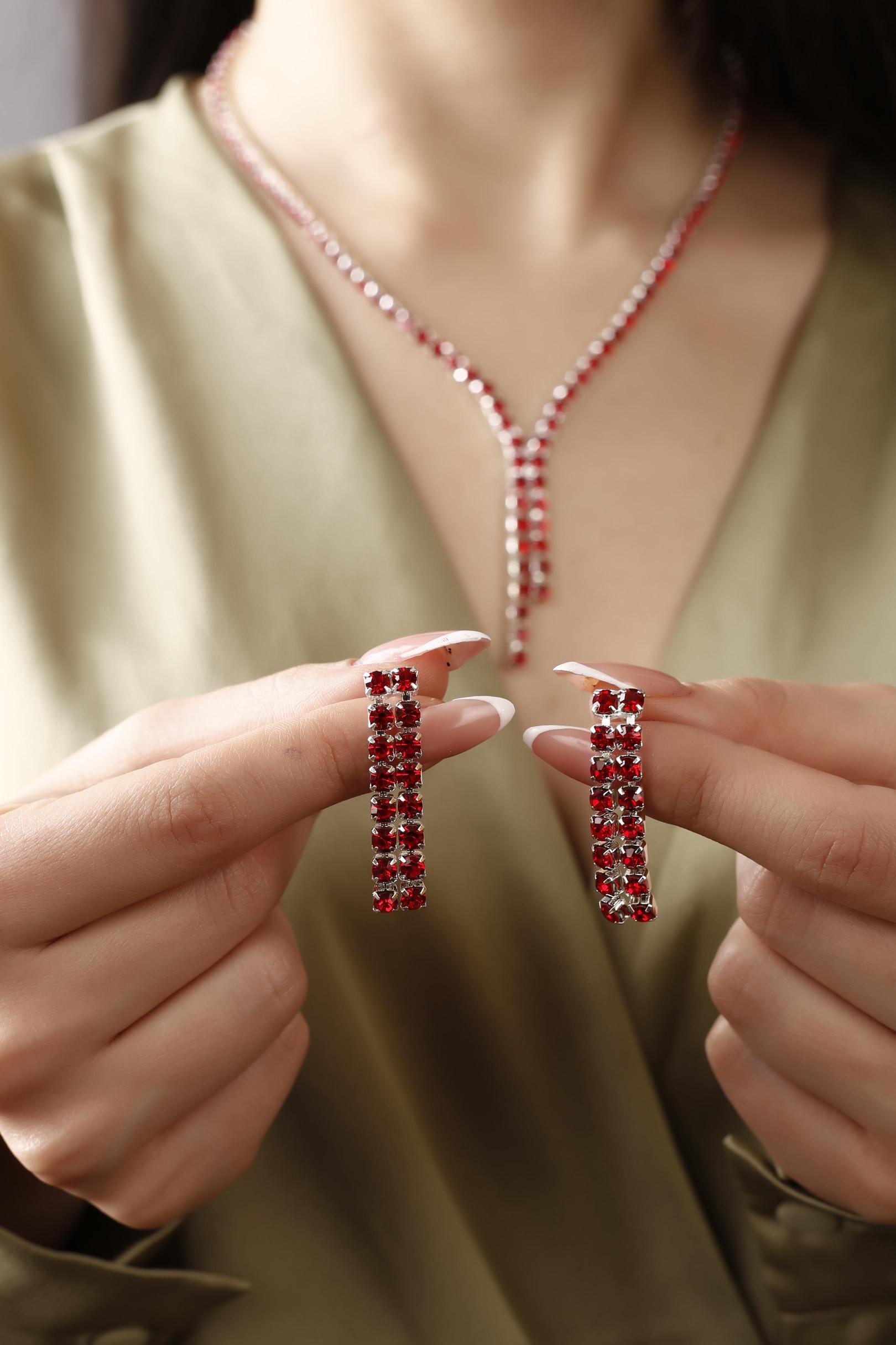 Kırmızı Su Yolu Kolye Ve Küpe Set Özel Günler Düğün Nişan Abiye Set Gerdanlık