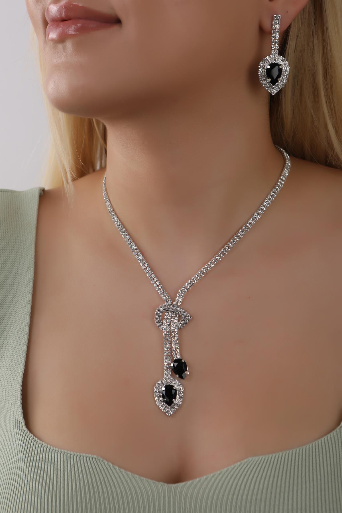 Stylish Su Yolu Siyah Damla Taşlı Kolye Küpe Seti Gelin Takı Seti Nişan Seti Parti Davet Seti 