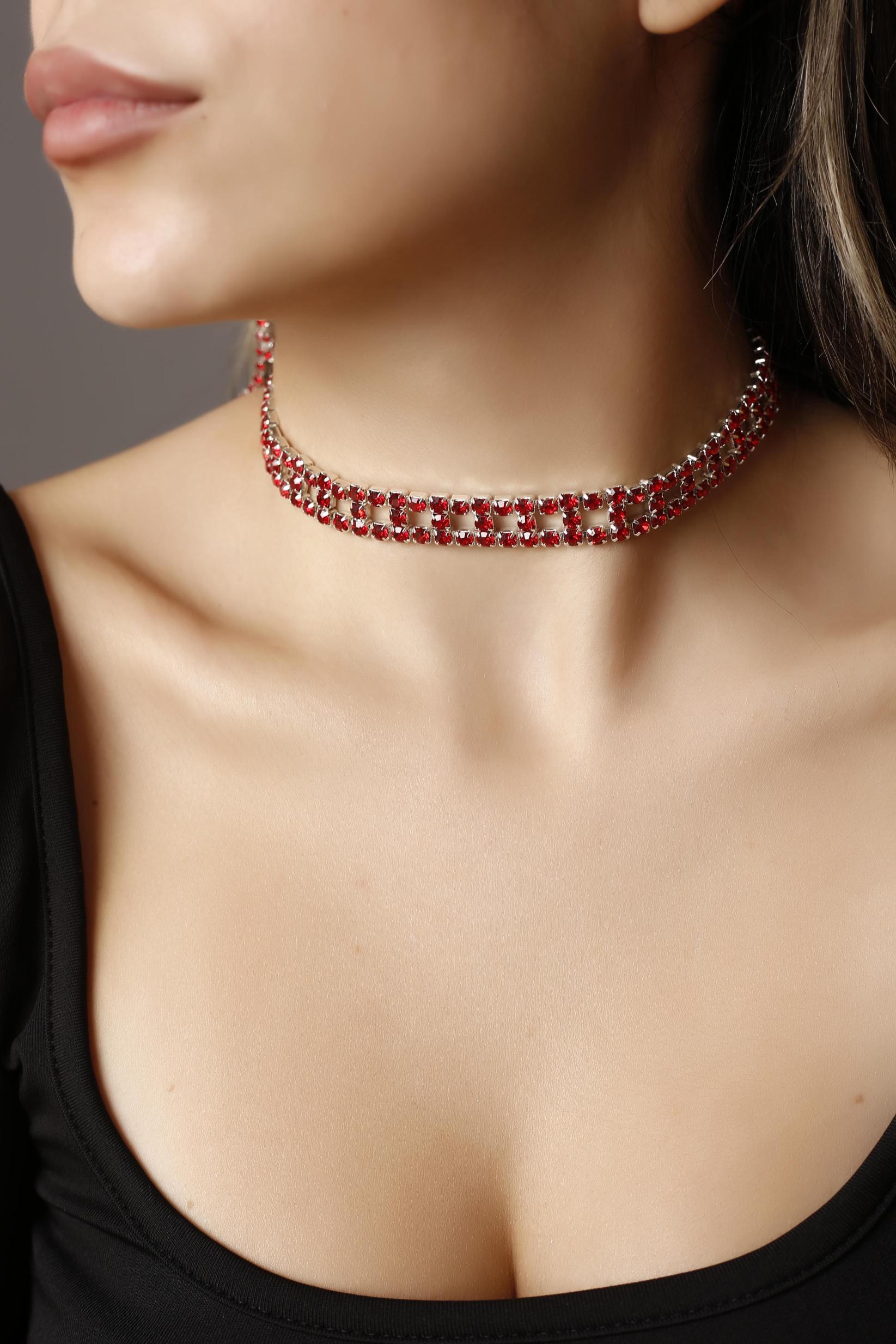 Stylish Tasarım Kırmızı Taşlı Kristal Choker Kolye Pırlanta Gibi Kolye, Davet Kolye