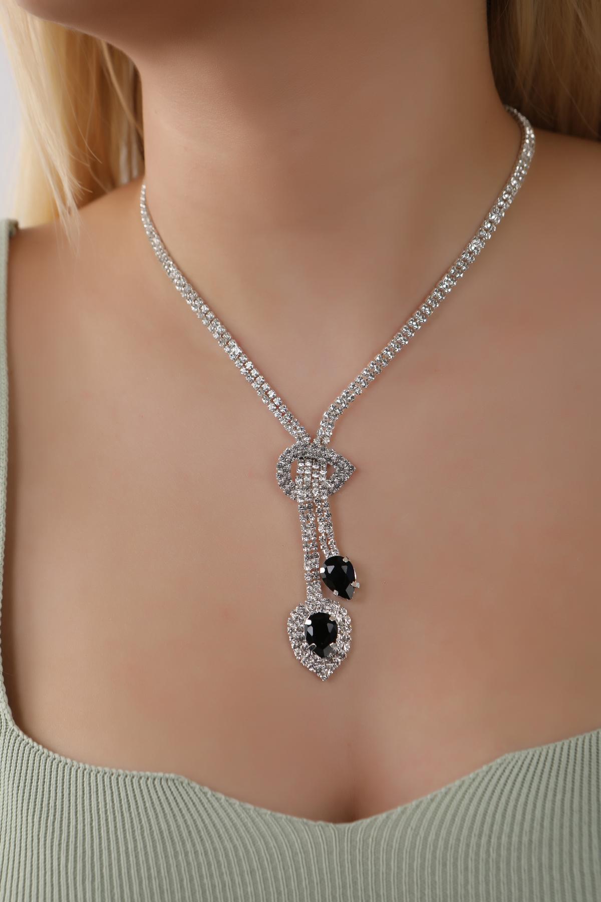 Stylish Su Yolu Siyah Damla Taşlı Kolye Küpe Seti Gelin Takı Seti Nişan Seti Parti Davet Seti 