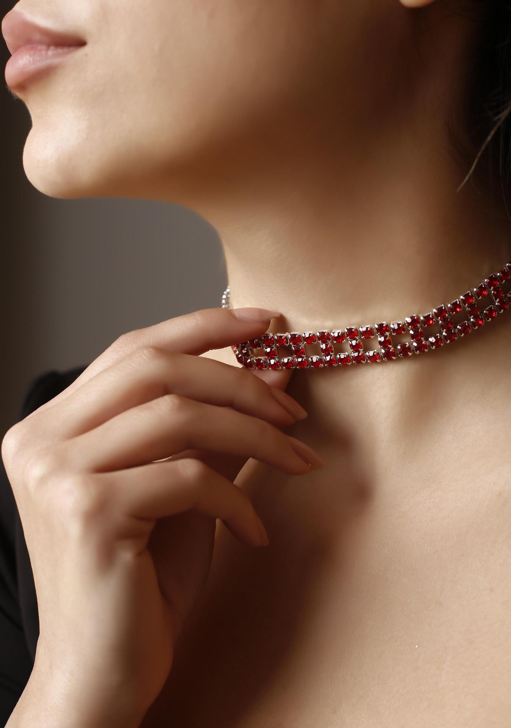 Stylish Tasarım Kırmızı Taşlı Kristal Choker Kolye Pırlanta Gibi Kolye, Davet Kolye