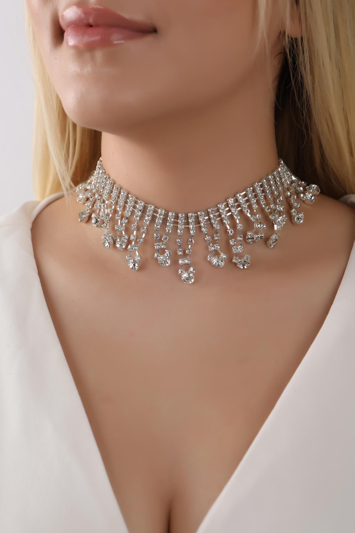 Geometrik Taşlı Silver Choker Kolye, Pırlanta Gibi, Taşlı Choker, Su Yolu Choker Kolye, Gerdanlık