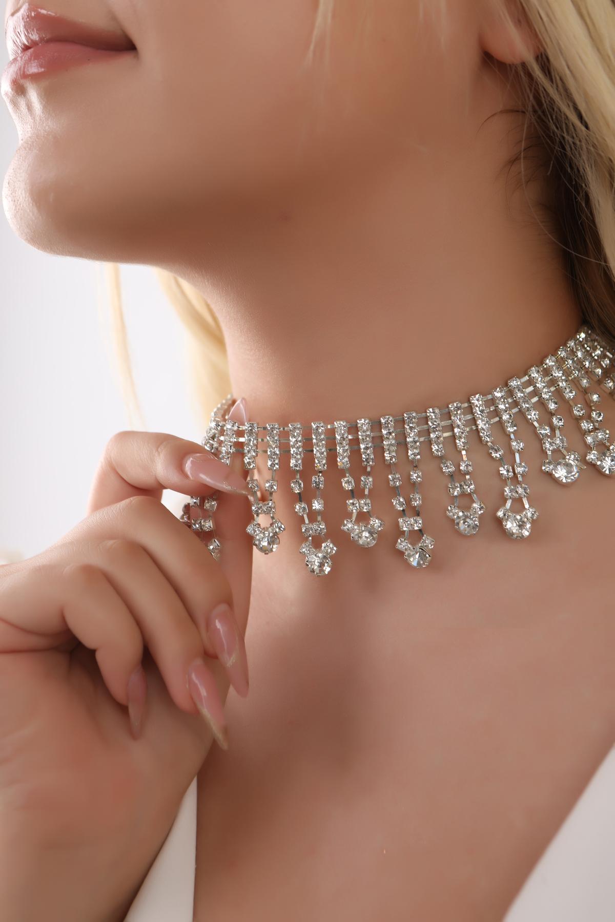 Geometrik Taşlı Silver Choker Kolye, Pırlanta Gibi, Taşlı Choker, Su Yolu Choker Kolye, Gerdanlık