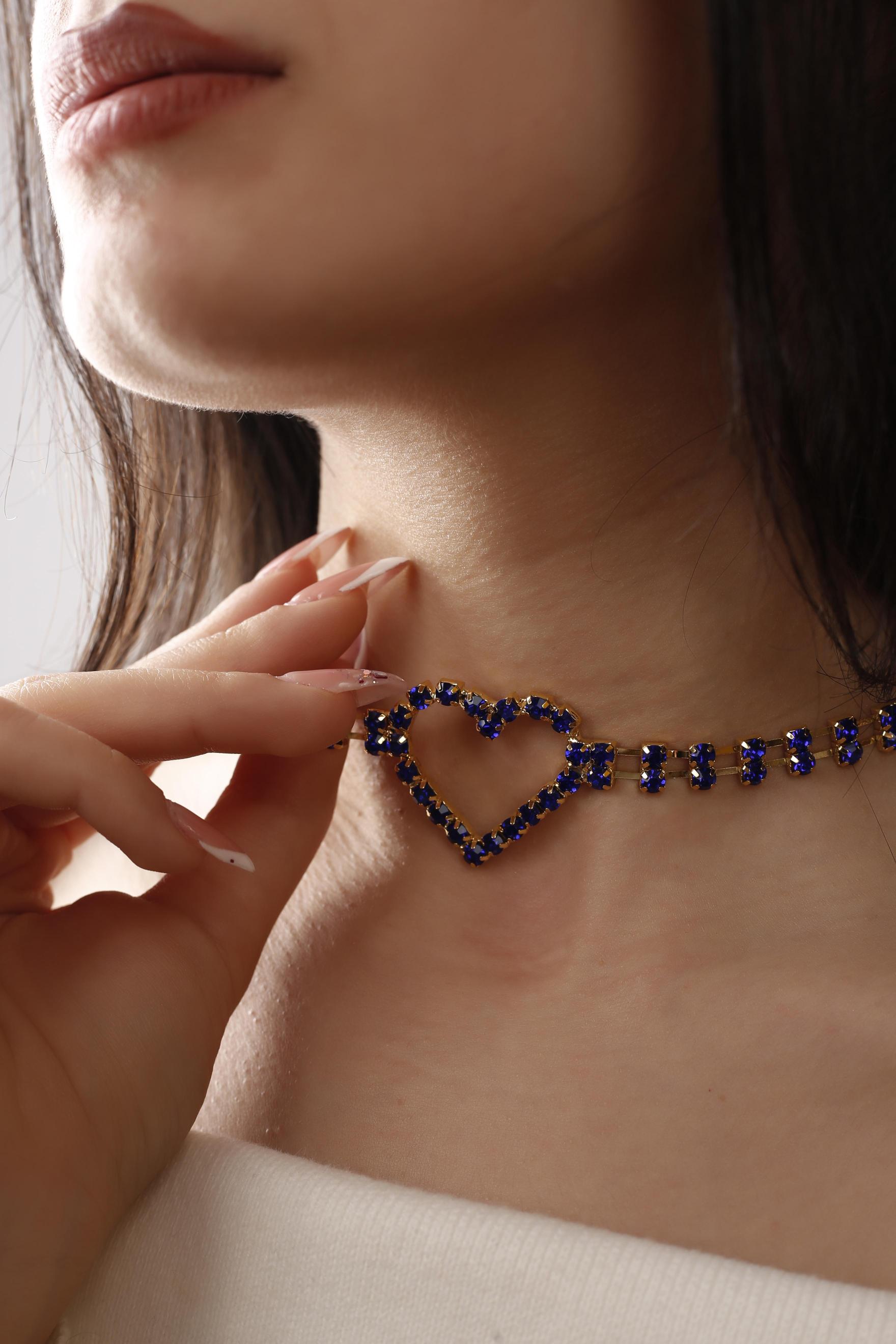 Mavi Kristal Taşlı Kalp Choker Kolye Parti Kolye Gerdanlık