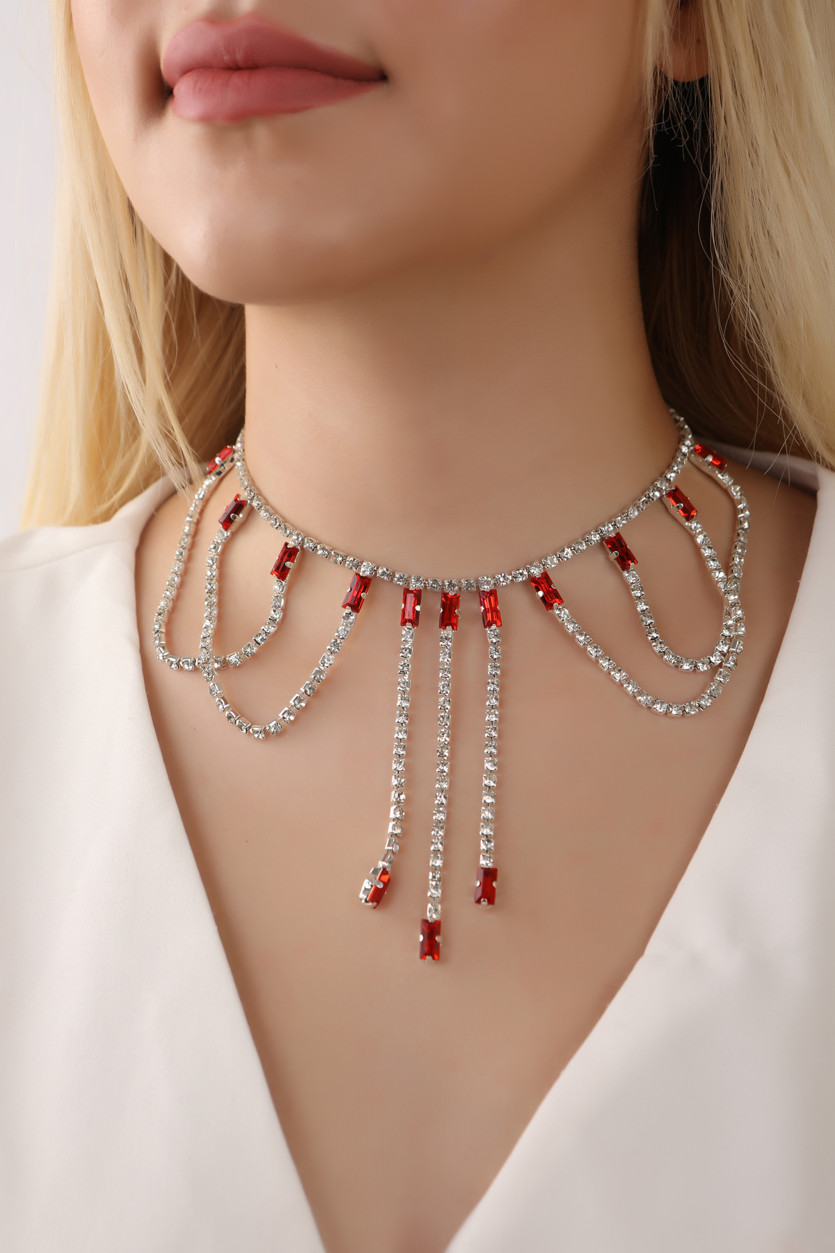 Stylish Su Yolu Kırmızı Taşlı Çok Taşlı Choker Kolye Tasarım Choker Kolye Gerdanlık Boyunluk