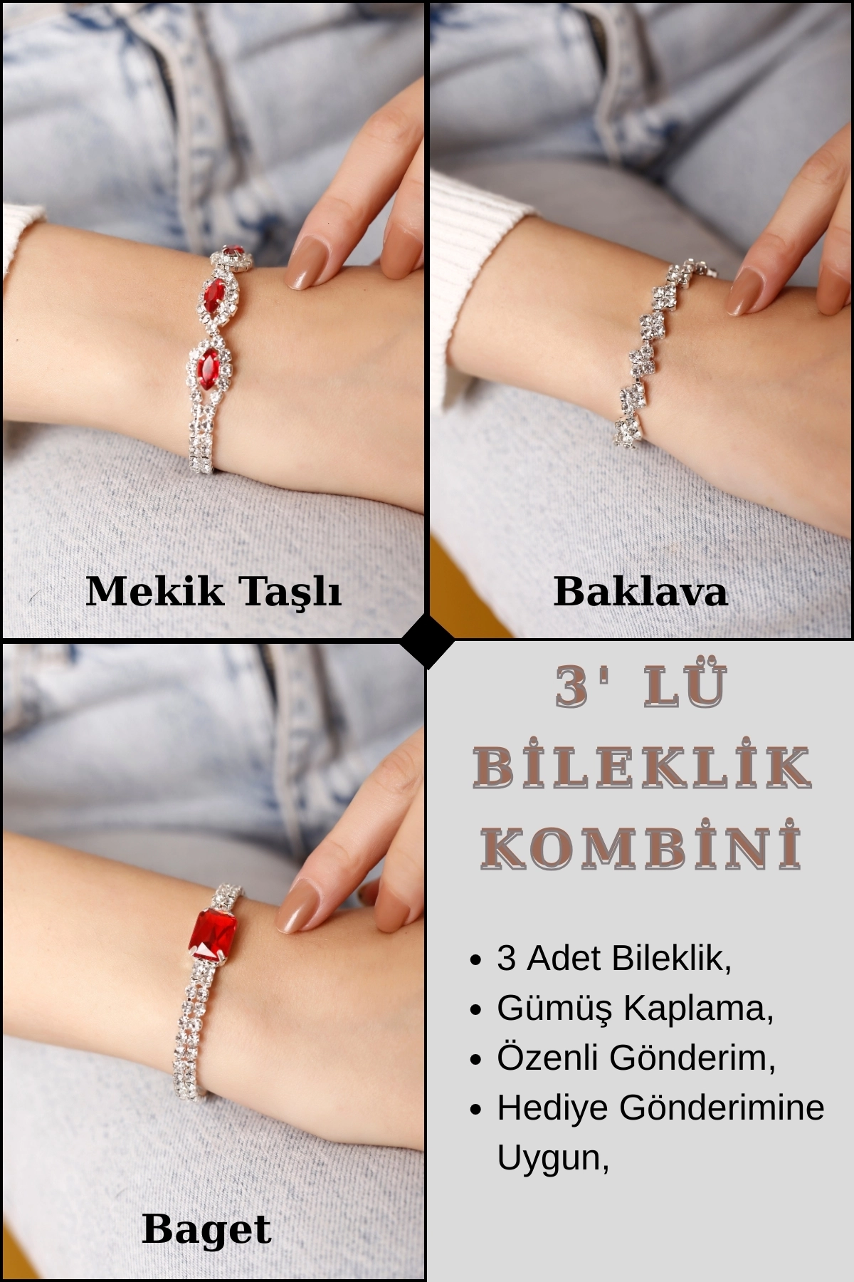 3’lü Taşlı Bileklik Seti | Kırmızı Mekik Taşlı, Baget Taşlı, Baklava Desenli Bileklik