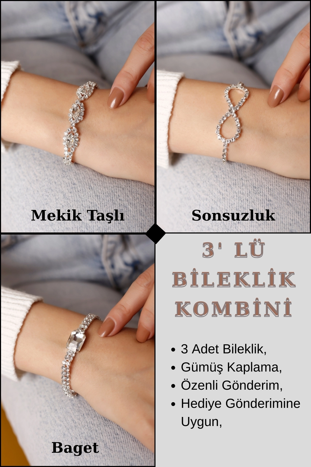 3’lü Taşlı Bileklik Seti | Sonsuzluk Figürlü, Baget Taşlı & Mekik Taşlı