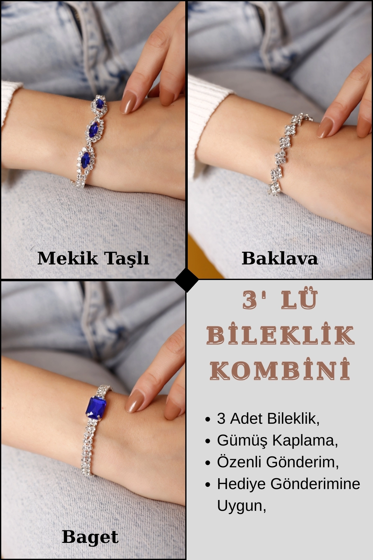3’lü Mavi Taşlı Bileklik Seti | Mekik Taşlı, Baget Taşlı, Baklava Desenli