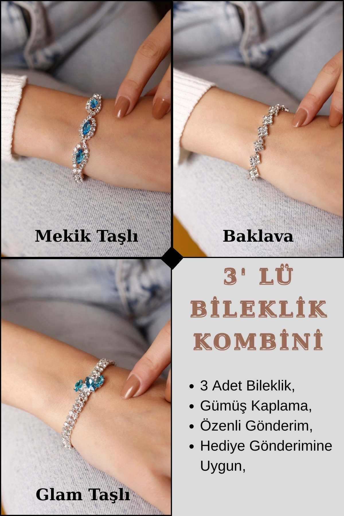 3’lü Turkuaz Taşlı Bileklik Seti | Mekik Taşlı, Glam Taşlı, Baklava Desenli