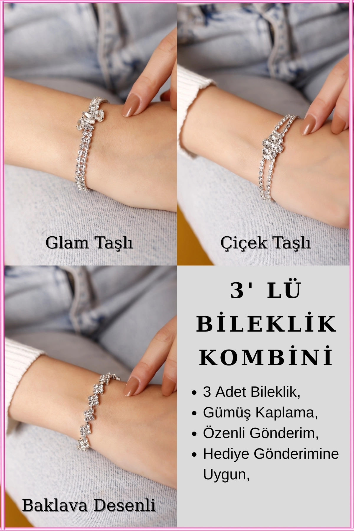 3’lü Taşlı Su Yolu Bileklik Seti | Glam Taşlı, Çiçek Taşlı, Baklava Desenli