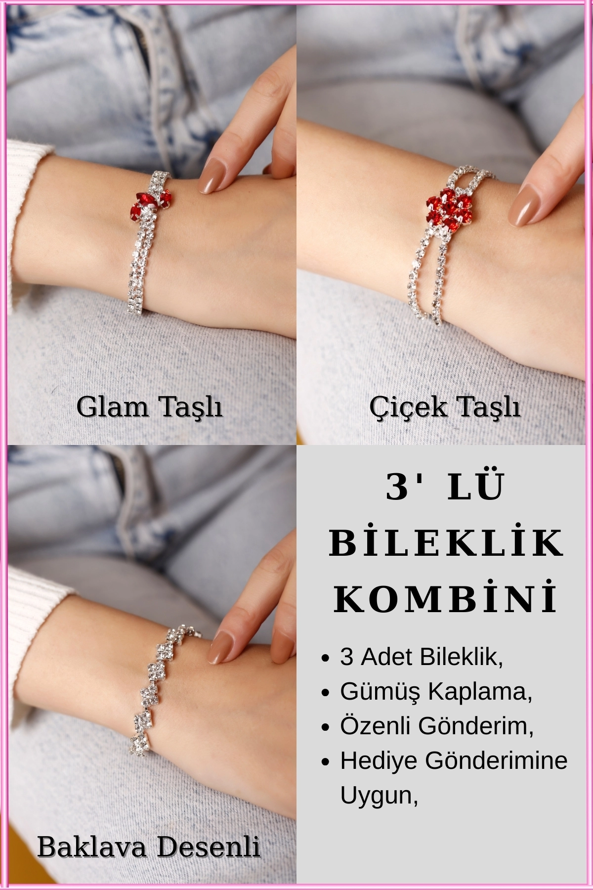 3’lü Kırmızı Taşlı Su Yolu Bileklik Seti | Glam, Çiçek Taşlı & Baklava Desenli