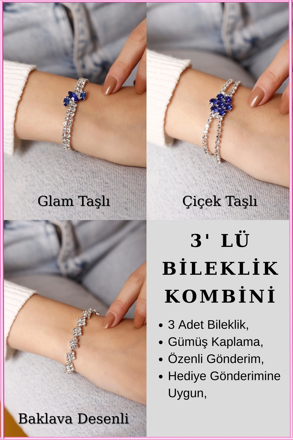 3’lü Mavi Taşlı Su Yolu Bileklik Seti | Glam, Çiçek Taşlı & Baklava Desenli
