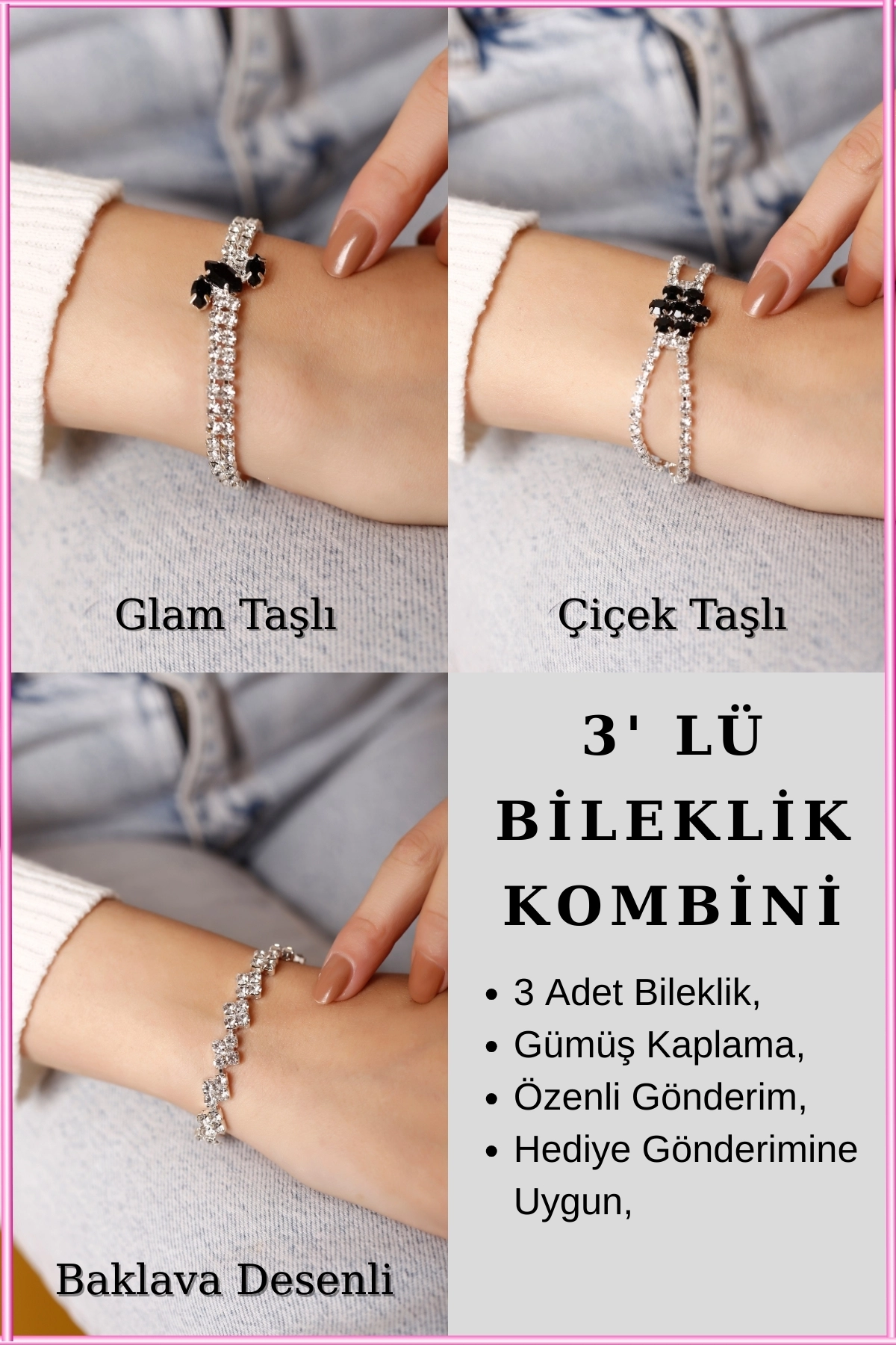 3’lü Siyah Taşlı Su Yolu Bileklik Seti | Glam, Çiçek Taşlı & Baklava Desenli
