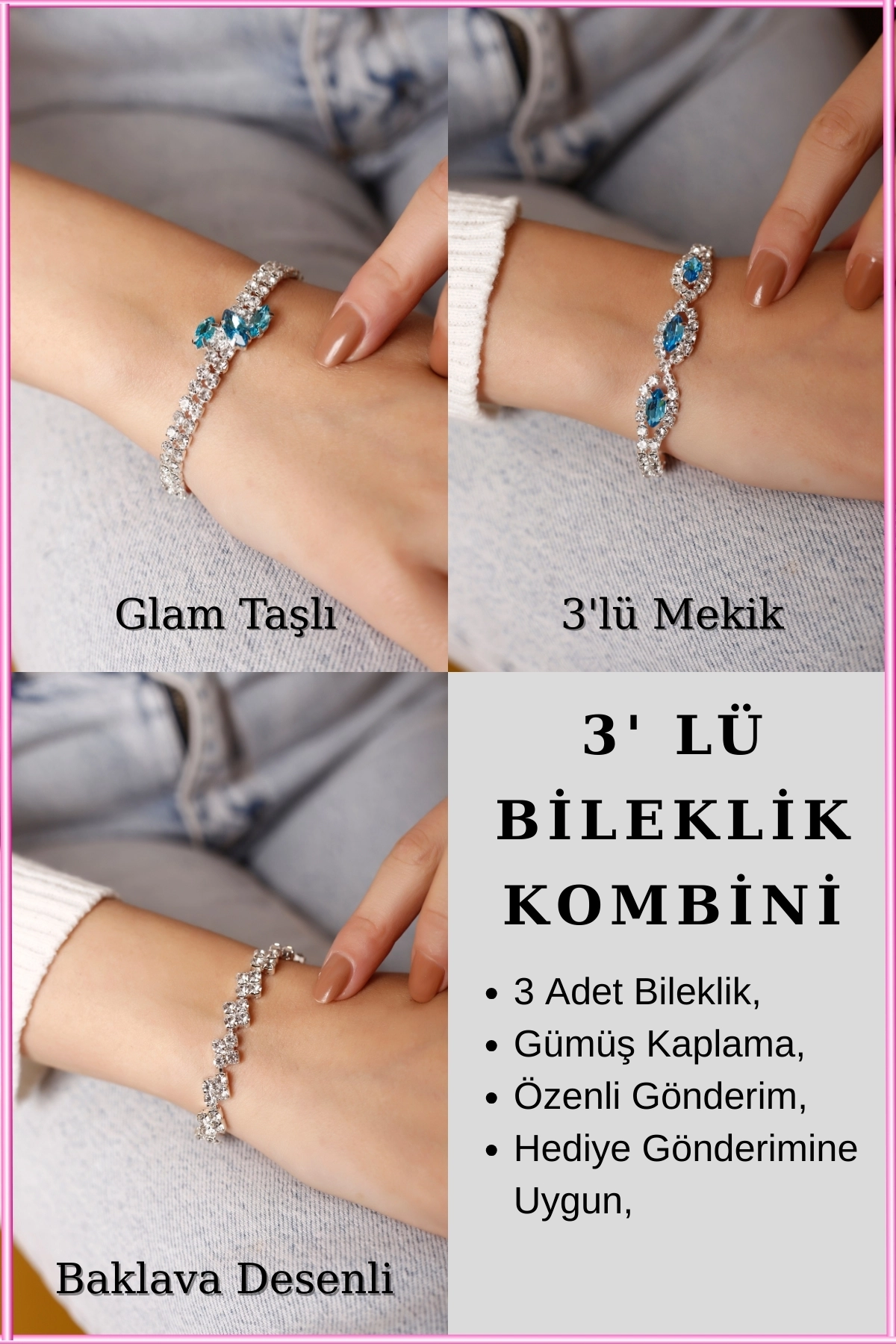 3’lü Turkuaz Taşlı Su Yolu Bileklik Seti | Glam, Mekik Taşlı & Baklava Desenli