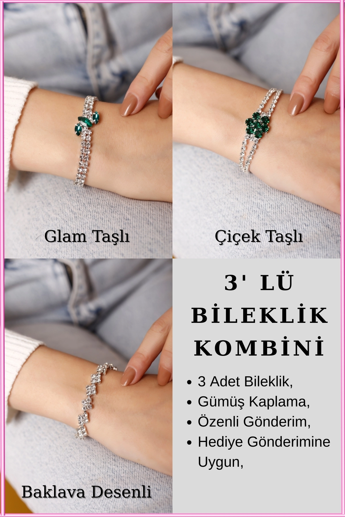 3’lü Yeşil Taşlı Su Yolu Bileklik Seti | Glam, Çiçek Taşlı & Baklava Desenli