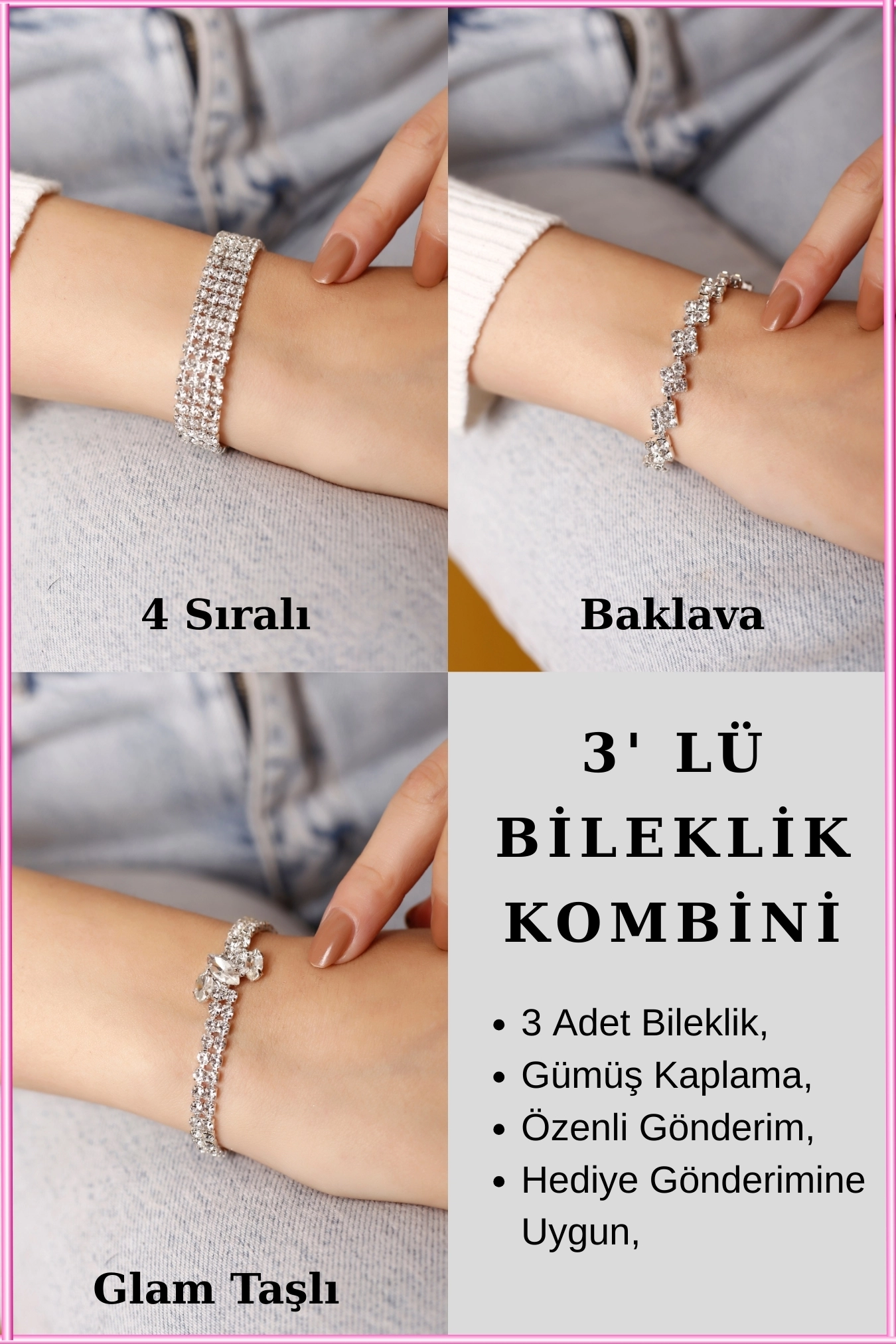 3’lü Taşlı Bileklik Seti | 4 Sıralı Taşlı Bileklik, Glam Taşlı & Baklava Desenli