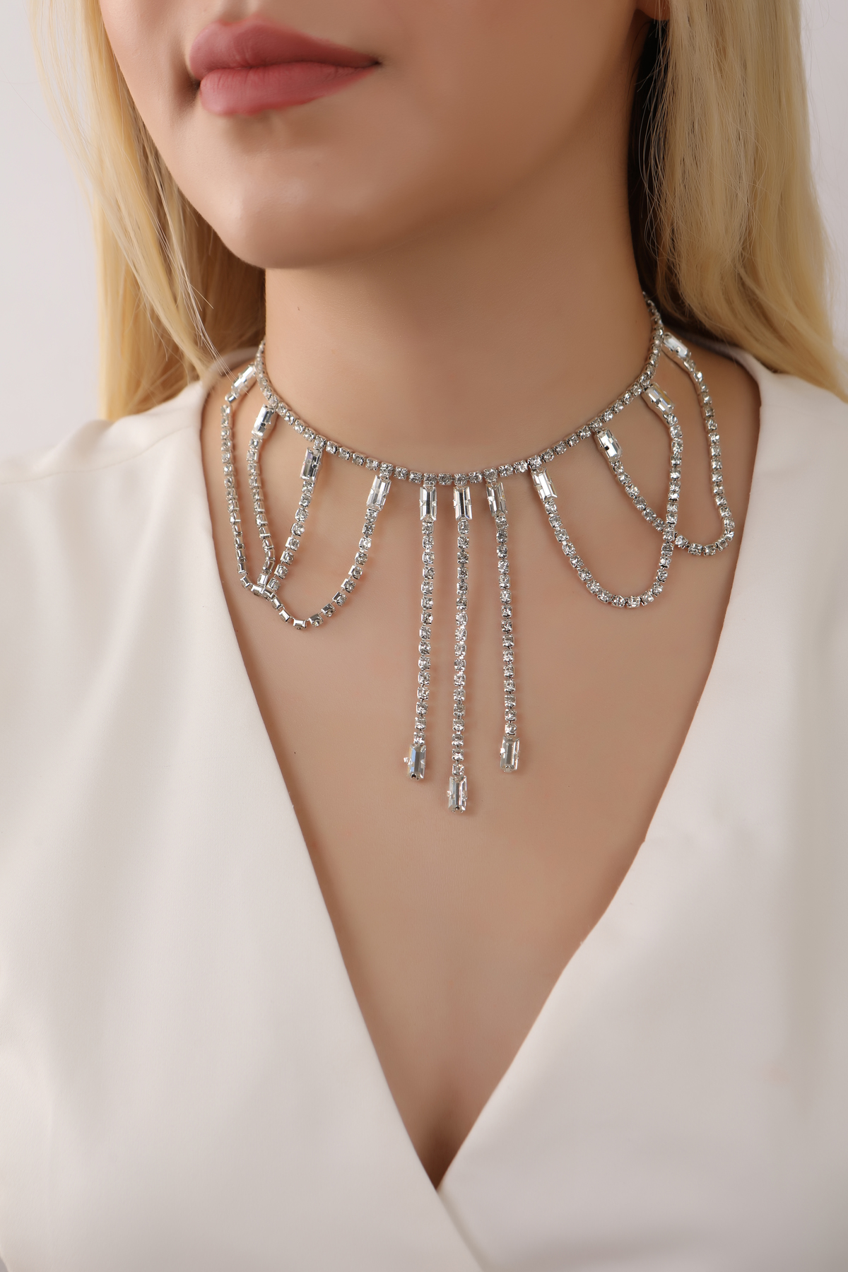 Stylish Su Yolu Gümüş Taşlı Çok Taşlı Choker Kolye Tasarım Choker Kolye Gerdanlık Boyunluk