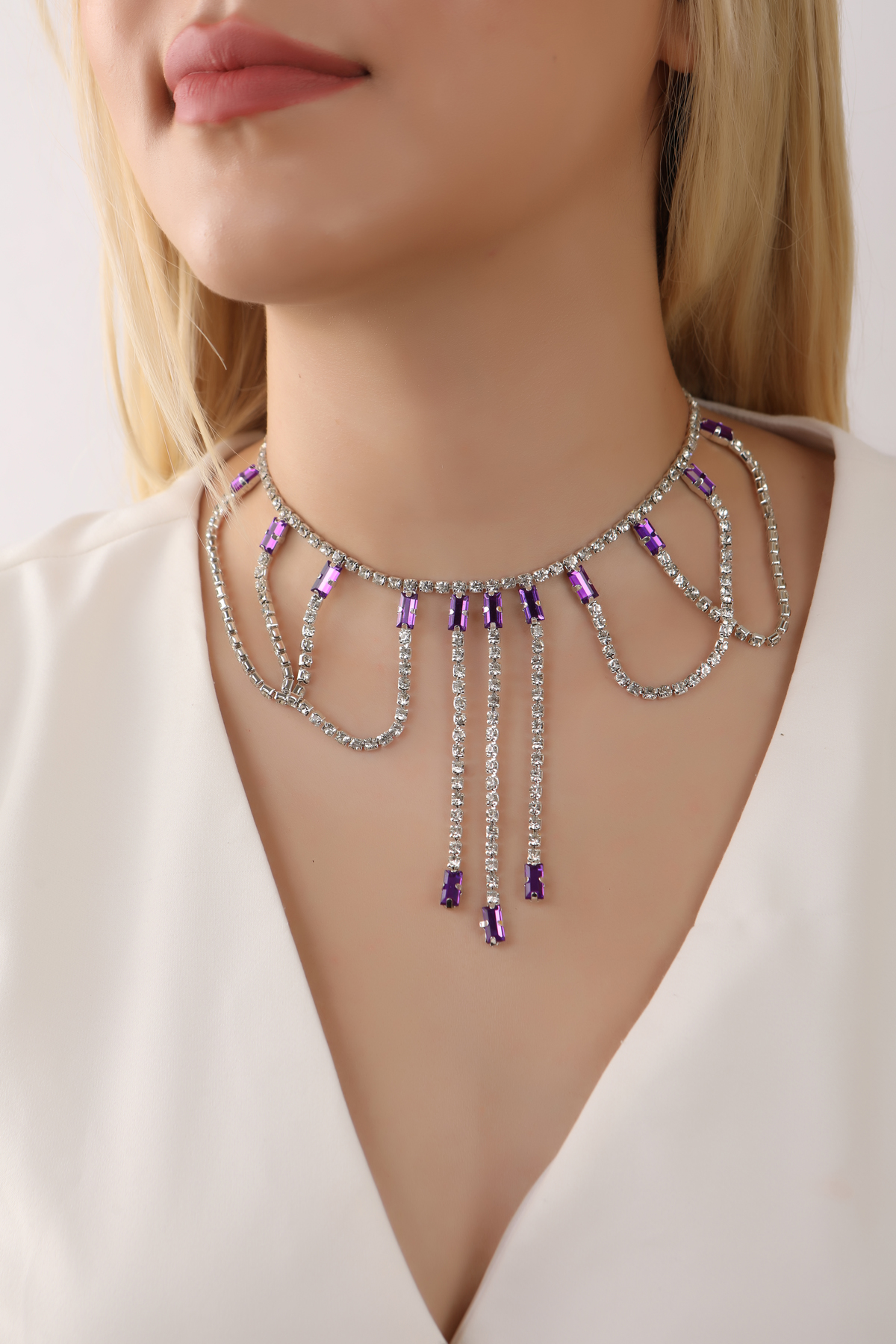 Stylish Su Yolu Mor Taşlı Çok Taşlı Choker Kolye Tasarım Choker Kolye Gerdanlık Boyunluk