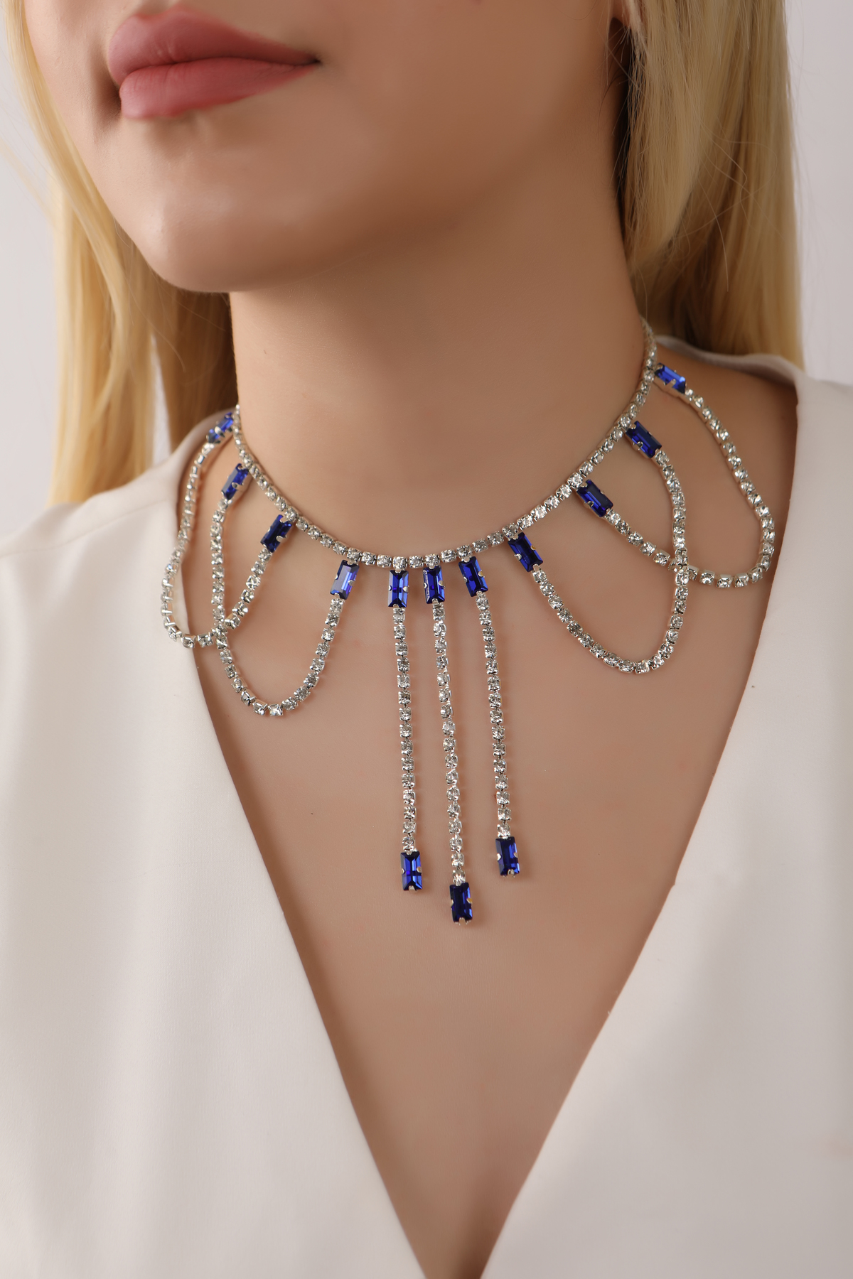 Stylish Su Yolu Mavi Taşlı Çok Taşlı Choker Kolye Tasarım Choker Kolye Gerdanlık Boyunluk