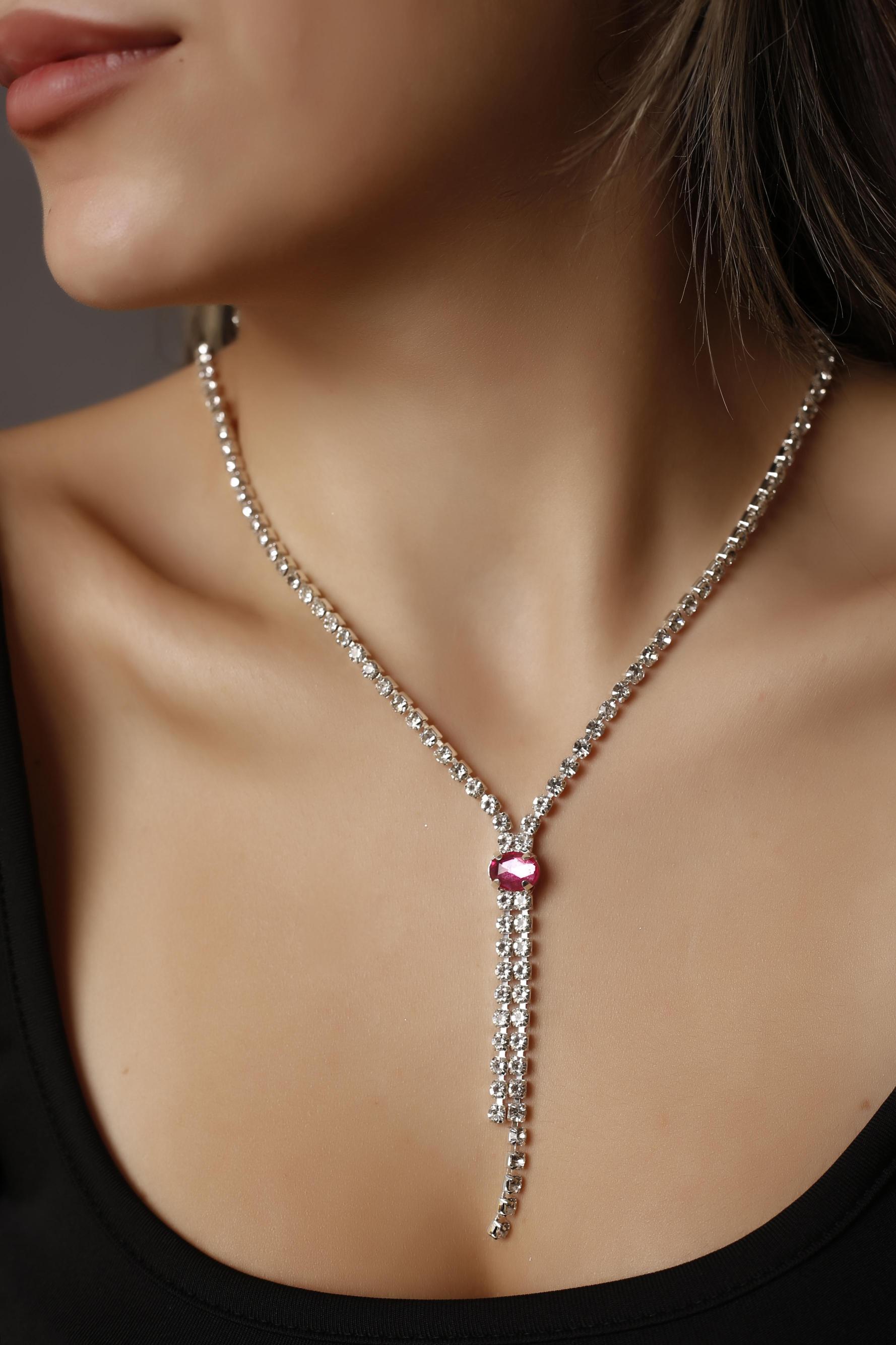 Pembe Taşlı Su Yolu Kolye Ve Küpe Set Özel Günler Düğün Nişan Abiye Set Gerdanlık