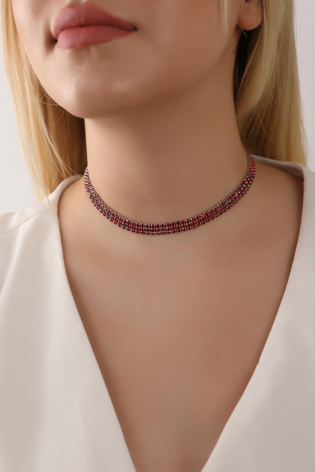 Kırmızı Renk Su Yolu 3 Sıralı Taşlı Choker Kolye Taşlı Kolye Trend Choker Kolye Gerdanlık