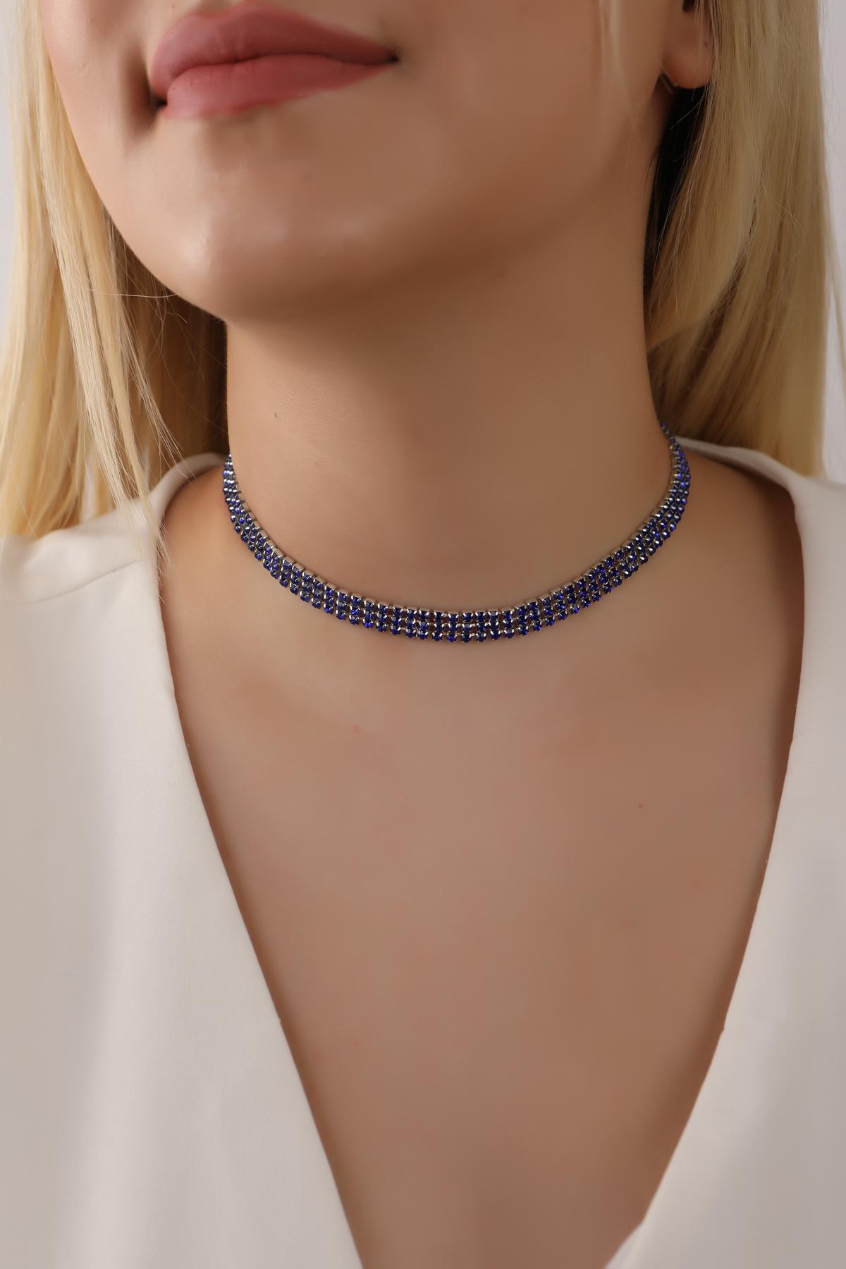 Mavi Renk Su Yolu 3 Sıralı Taşlı Choker Kolye Taşlı Kolye Trend Choker Kolye Gerdanlık