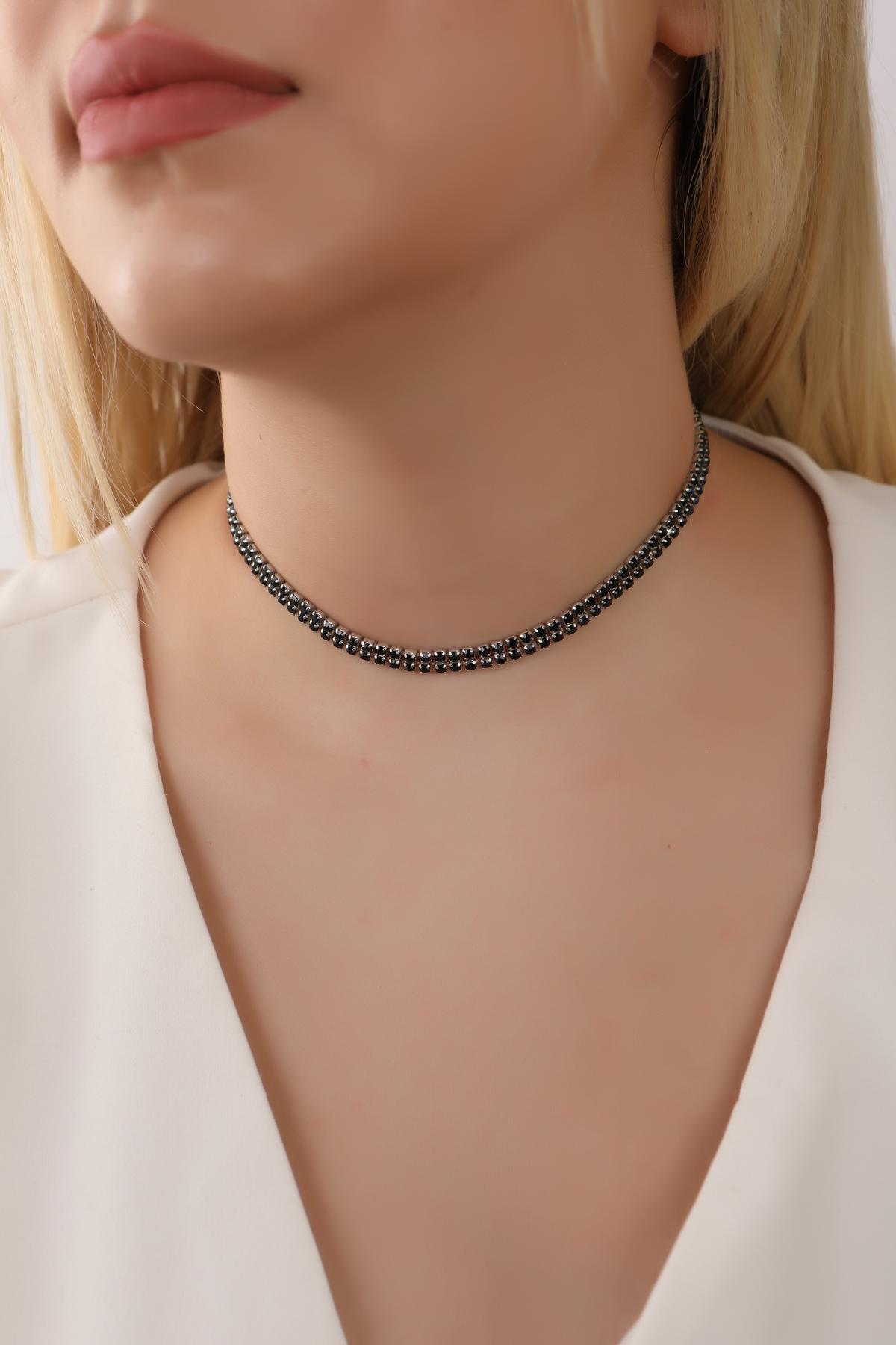 Siyah Renk Su Yolu 2 Sıralı Taşlı Choker Kolye Taşlı Kolye Trend Choker Kolye Gerdanlık