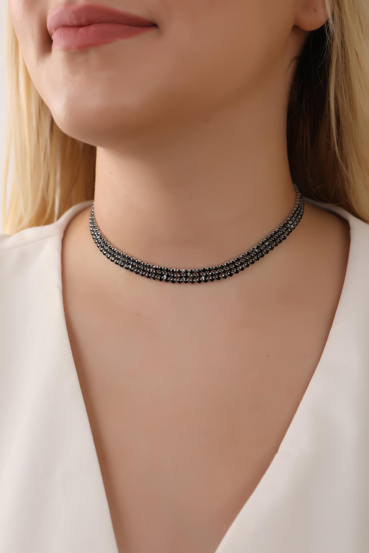 Siyah Renk Su Yolu 3 Sıralı Taşlı Choker Kolye Taşlı Kolye Trend Choker Kolye Gerdanlık