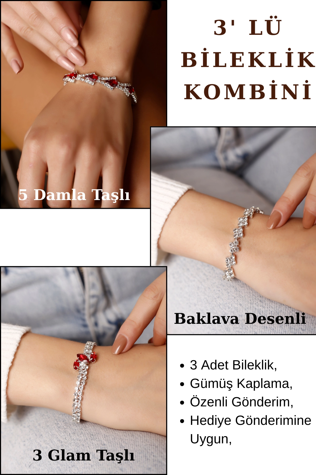 3’lü Kırmızı Taşlı Bileklik Seti | Glam Taşlı, Baklava Desen & Damla Taşlı