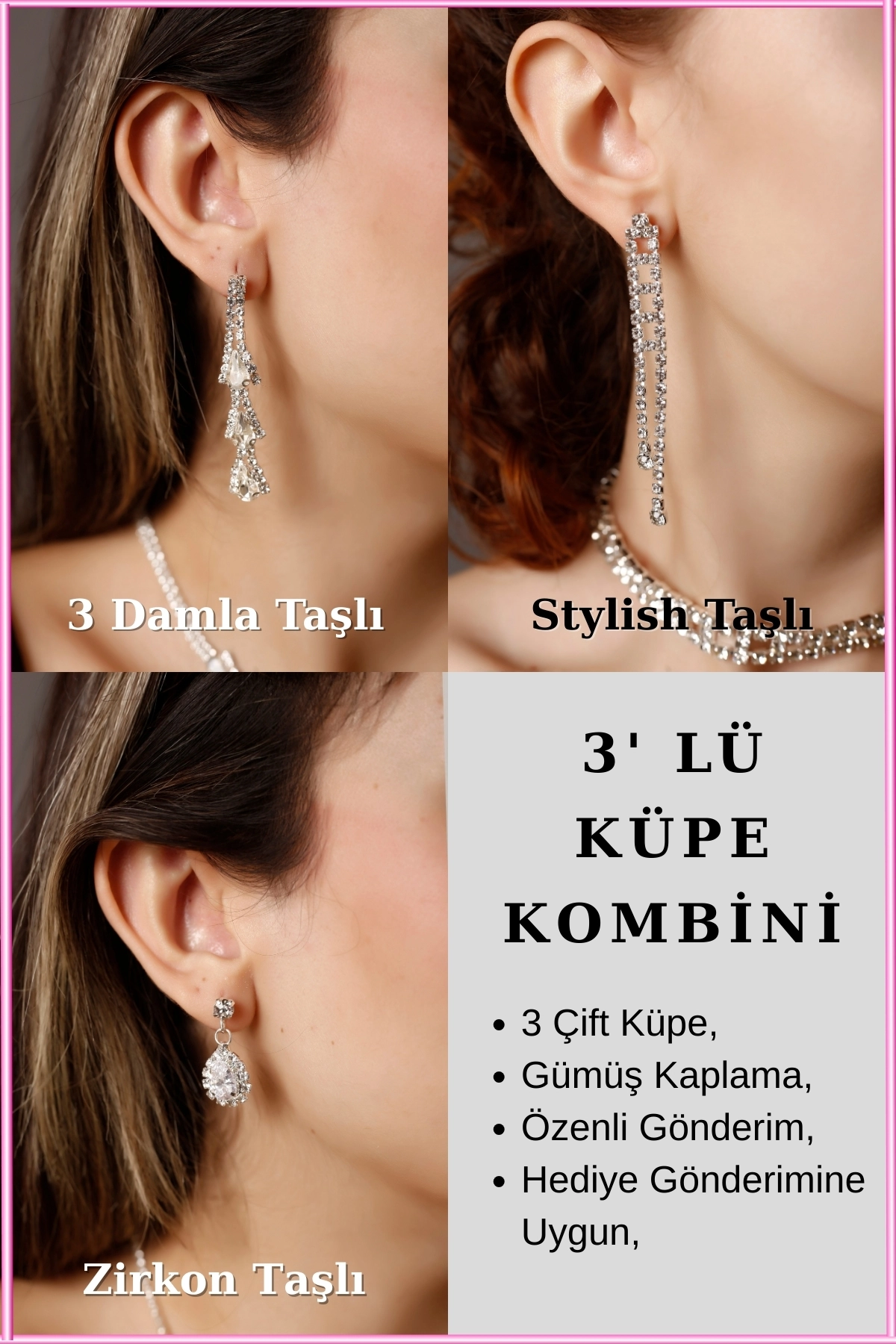 3’lü Taşlı Küpe Seti | 3 Damla Taşlı, Zirkon Taşlı & Stylish Küpe