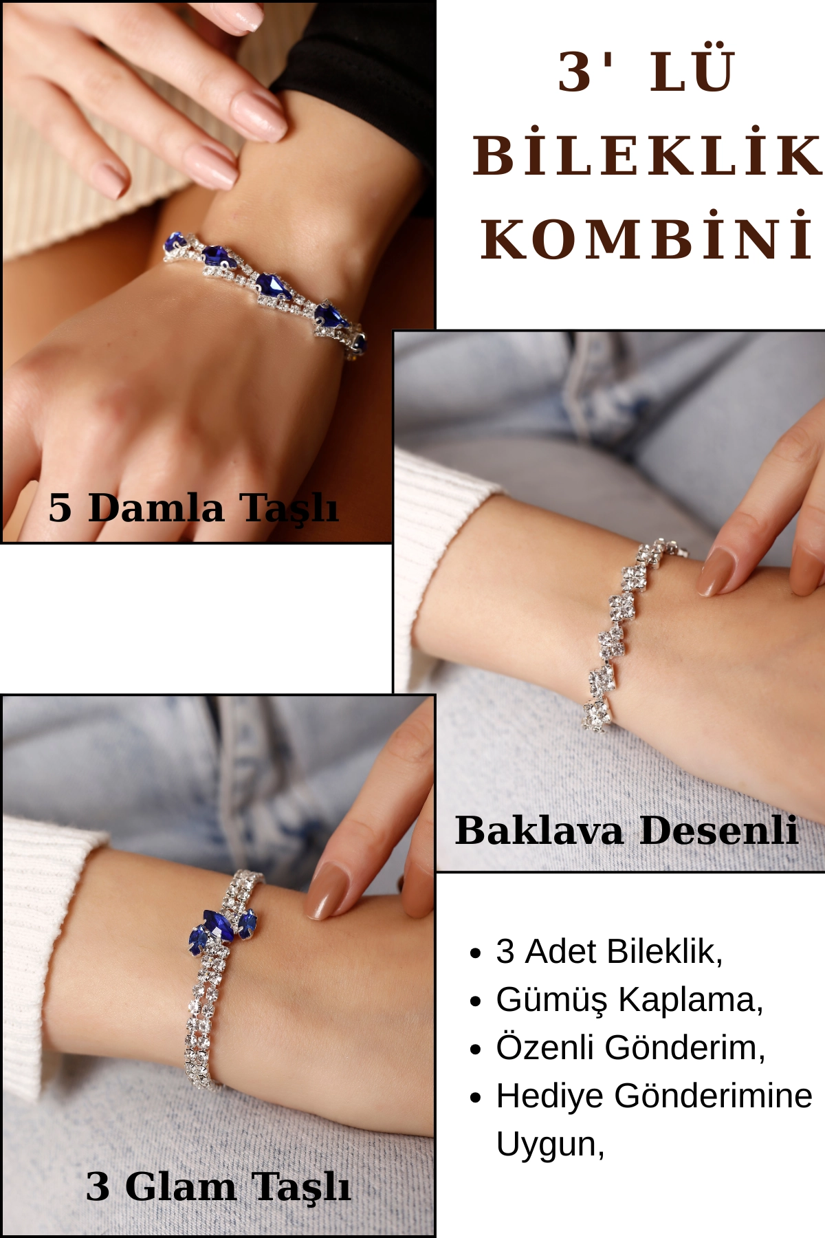 3’lü Mavi Taşlı Bileklik Seti | 3 Glam Taşlı, Baklava Desenli & 5 Damla Taşlı