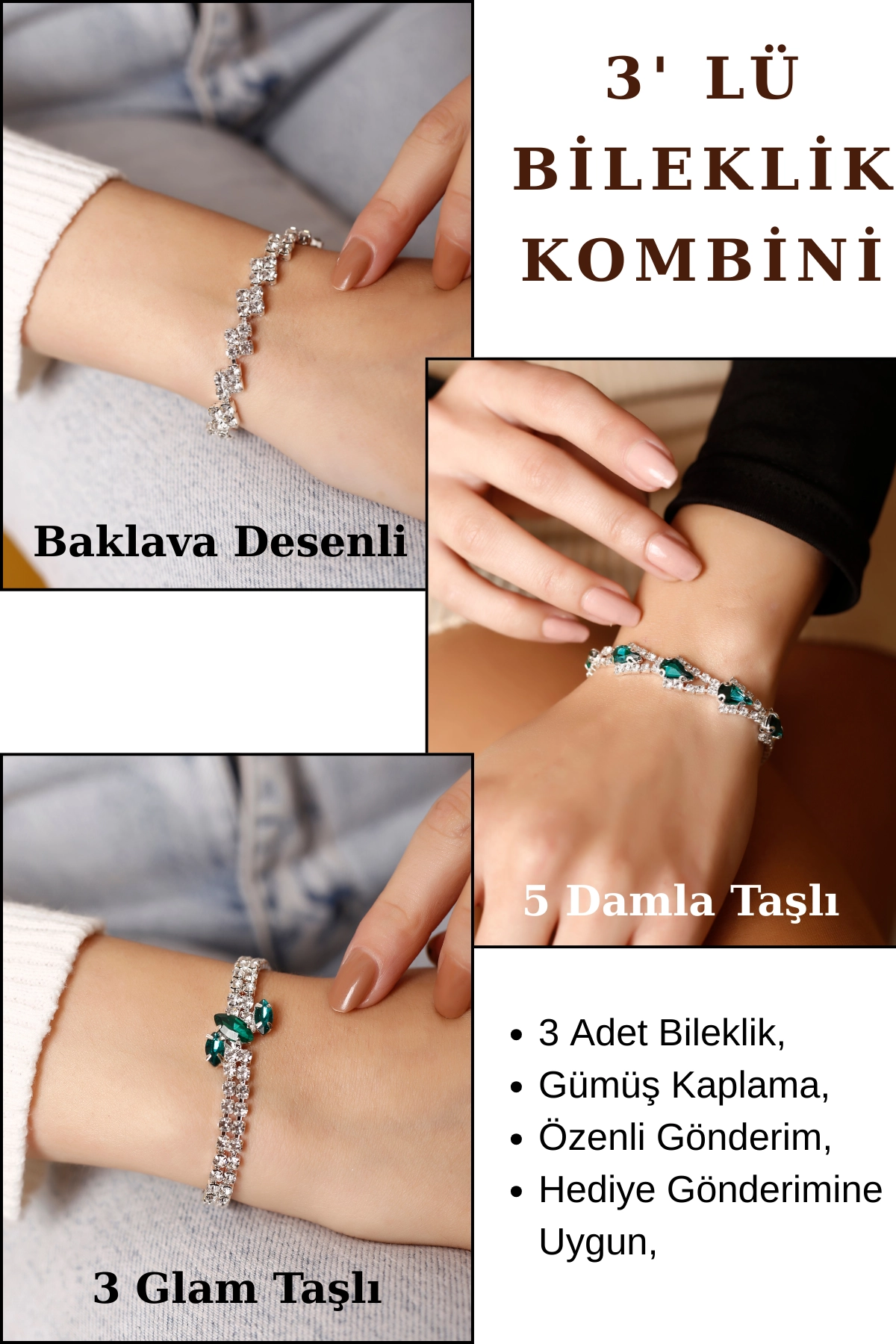 3’lü Yeşil Taşlı Bileklik Seti | 3 Glam Taşlı, Baklava Desenli & 5 Damla Taşlı